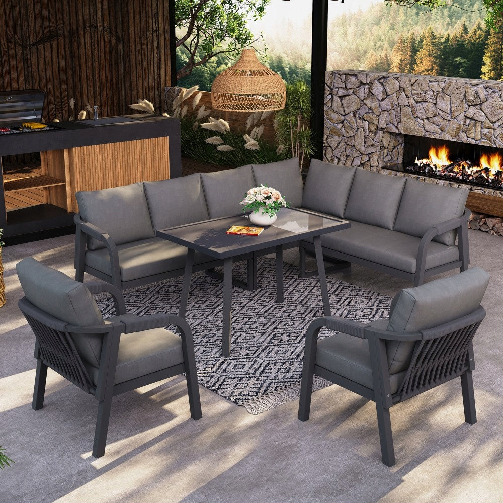 Garden Furniture Set Grey Corner 8 People Galvanized Steel Braided