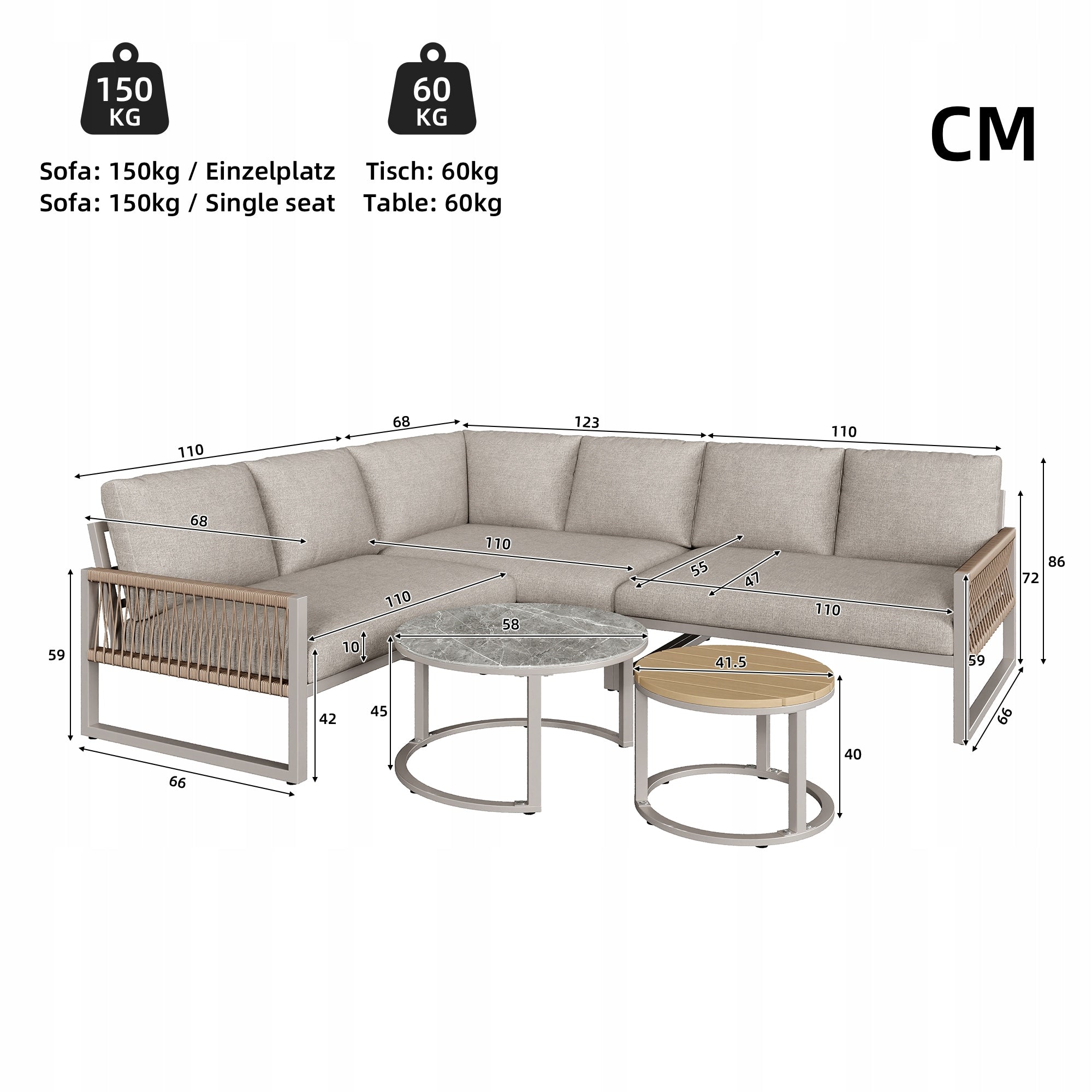 Garden Furniture Set Lounge Beige Iron Galvanized Corner Adjustable Legs Manufacturer code 6945862569248