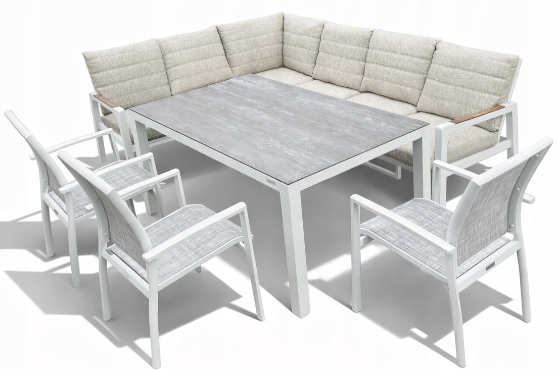 Garden Furniture Set Modular Aluminum Corner + Table + 3 Chairs White