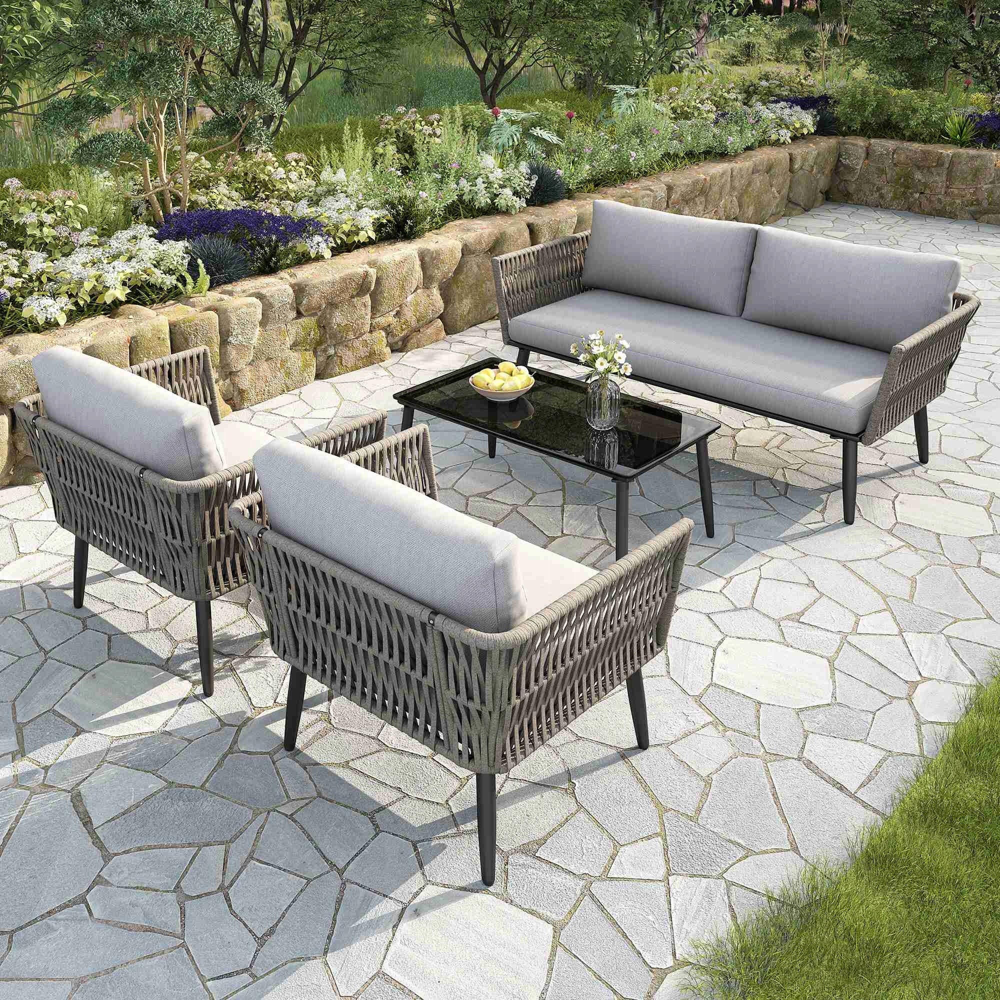 Garden Furniture Set Sofa + 2 Armchairs + Coffee Table Steel Frame Grey
