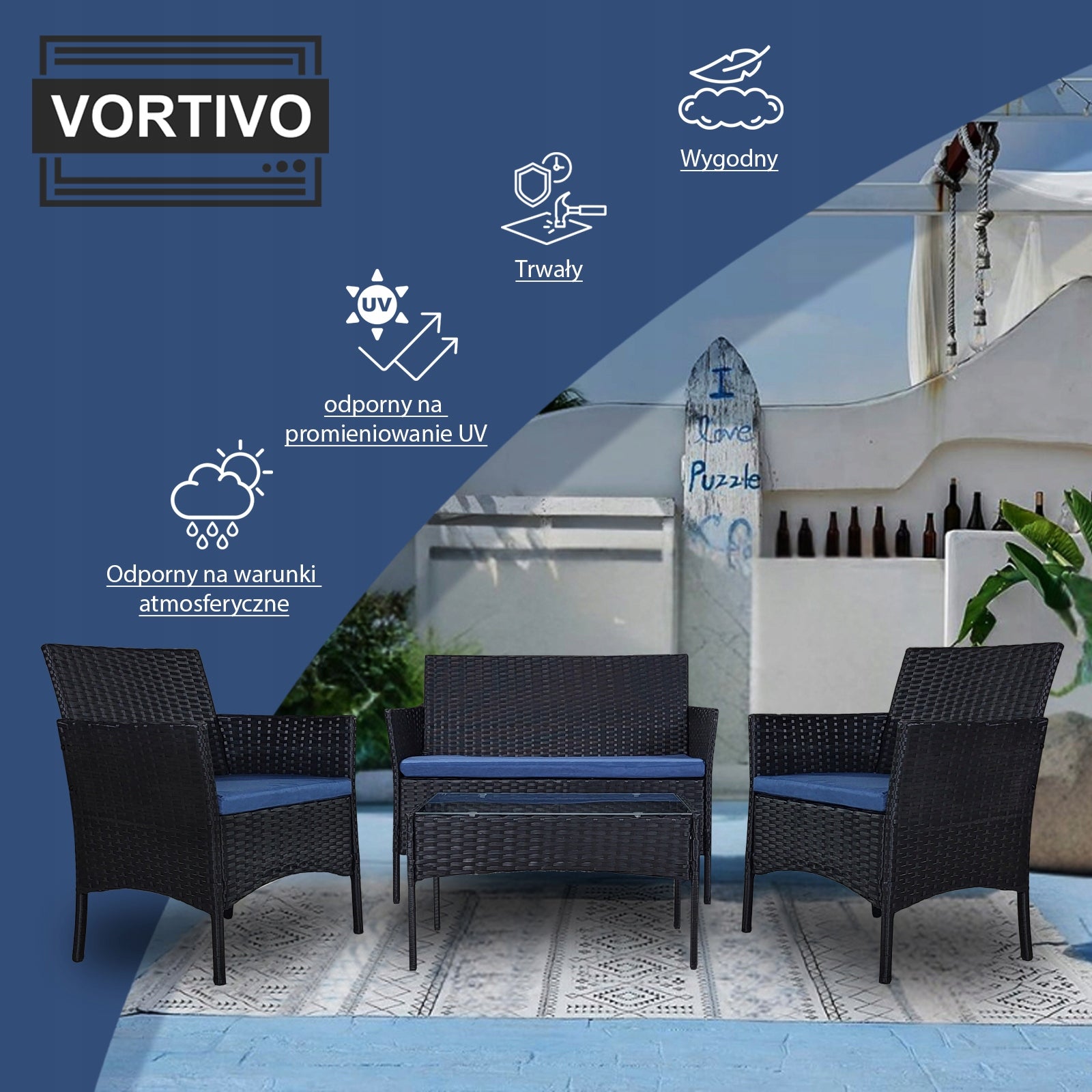 Garden Furniture Set Sofa 2 Armchairs Table for BALCONY and TERRACE 2 x Pillowcases Main material synthetic rattan