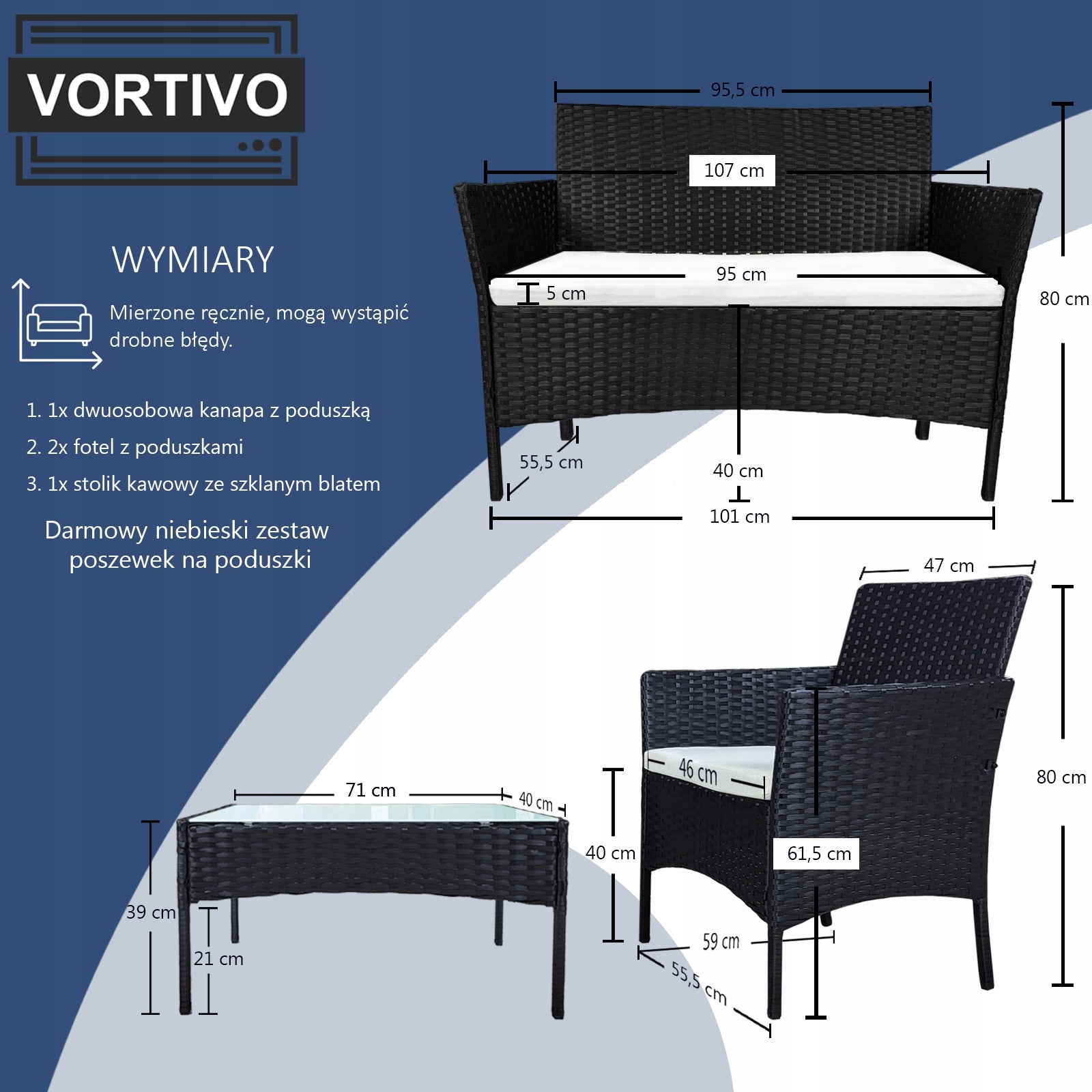 Garden Furniture Set Sofa 2 Armchairs Table for BALCONY and TERRACE 2 x Pillowcases Manufacturer code ALICE-1
