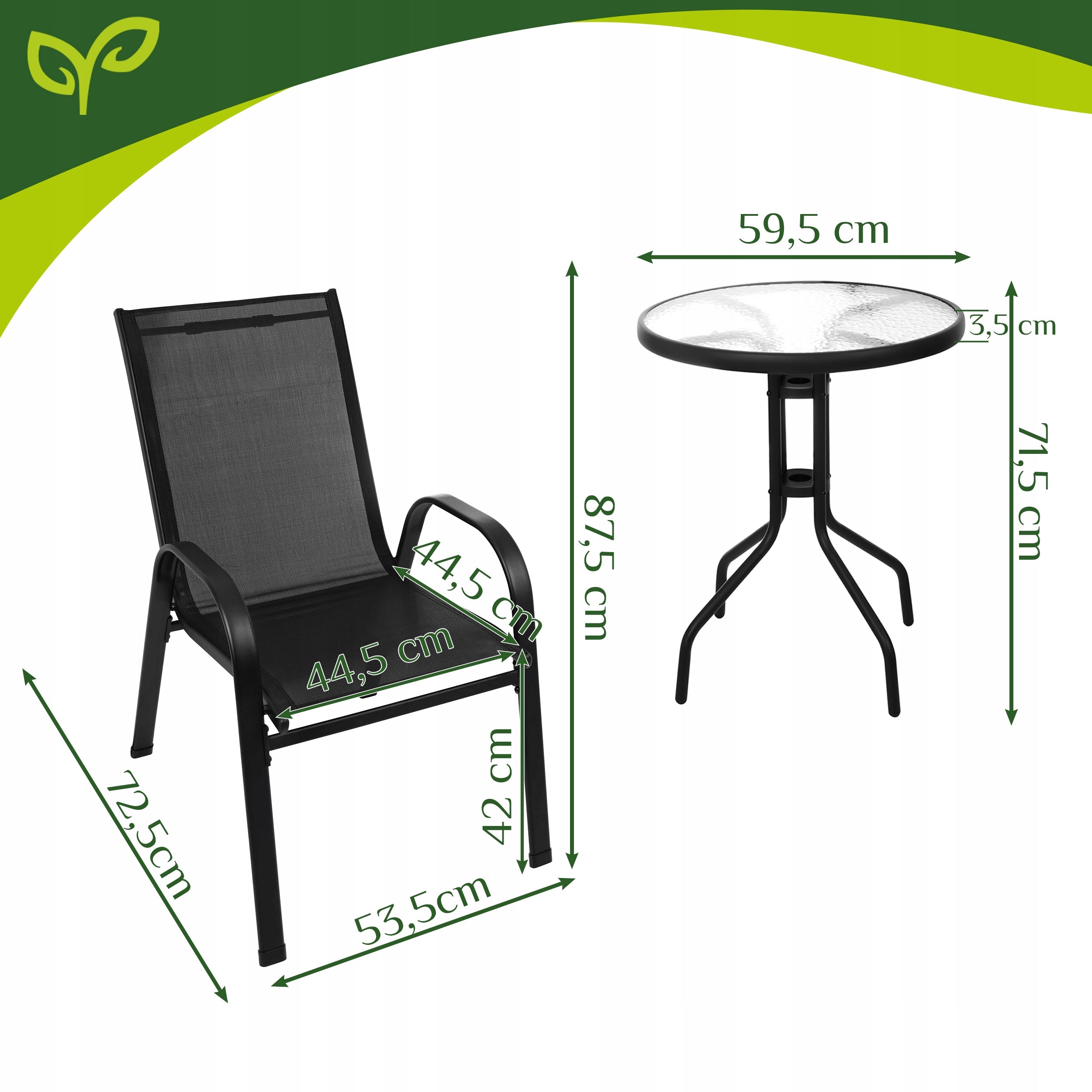 Garden Furniture Set for Balcony Terrace Table + 2 Chairs Color black