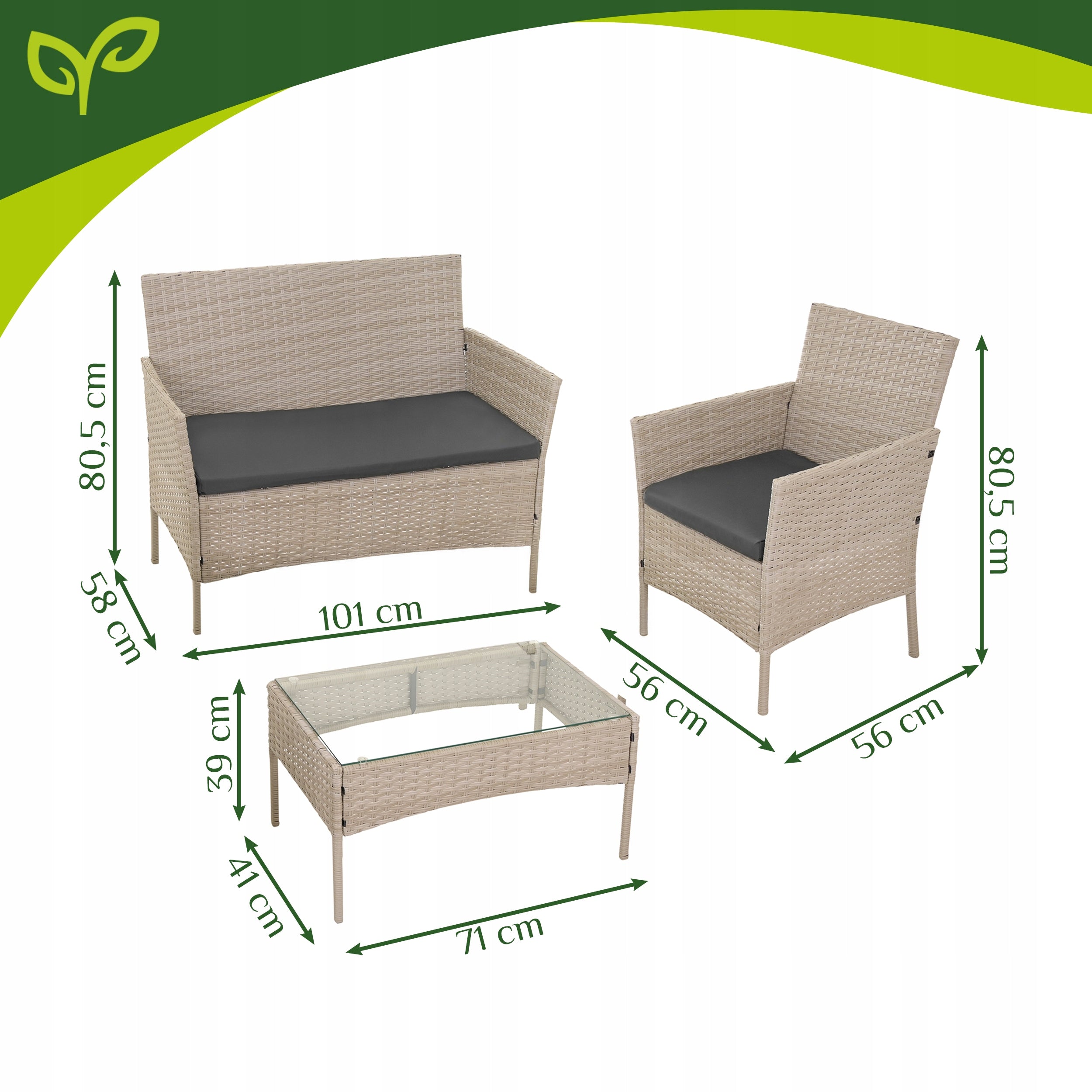 Garden Furniture Set for Terrace Technorattan Table Sofa Color beige