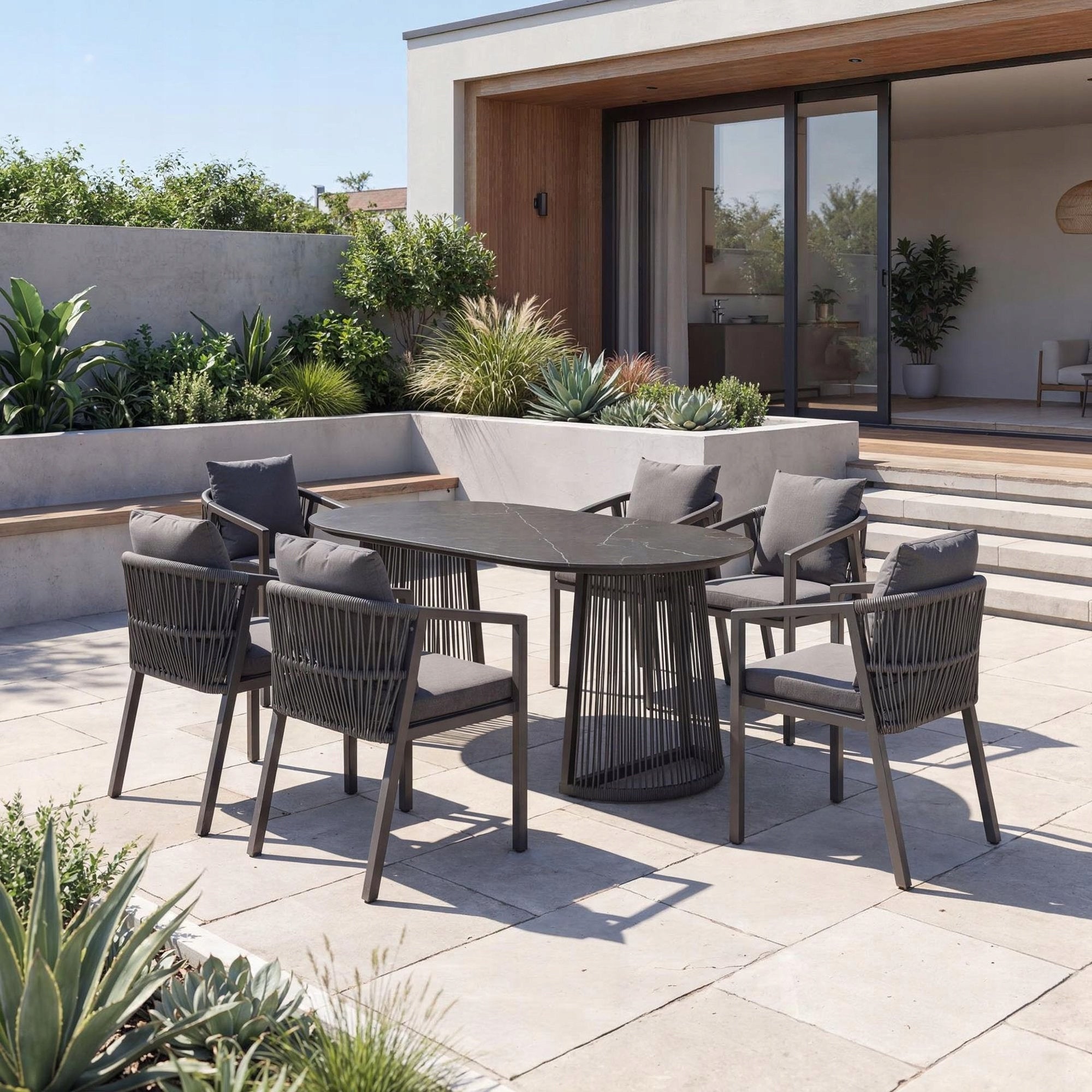 Garden Furniture Set of 6 Chairs+Large Table 180cm Spiek Stone Set of 6 people. Main material synthetic rattan