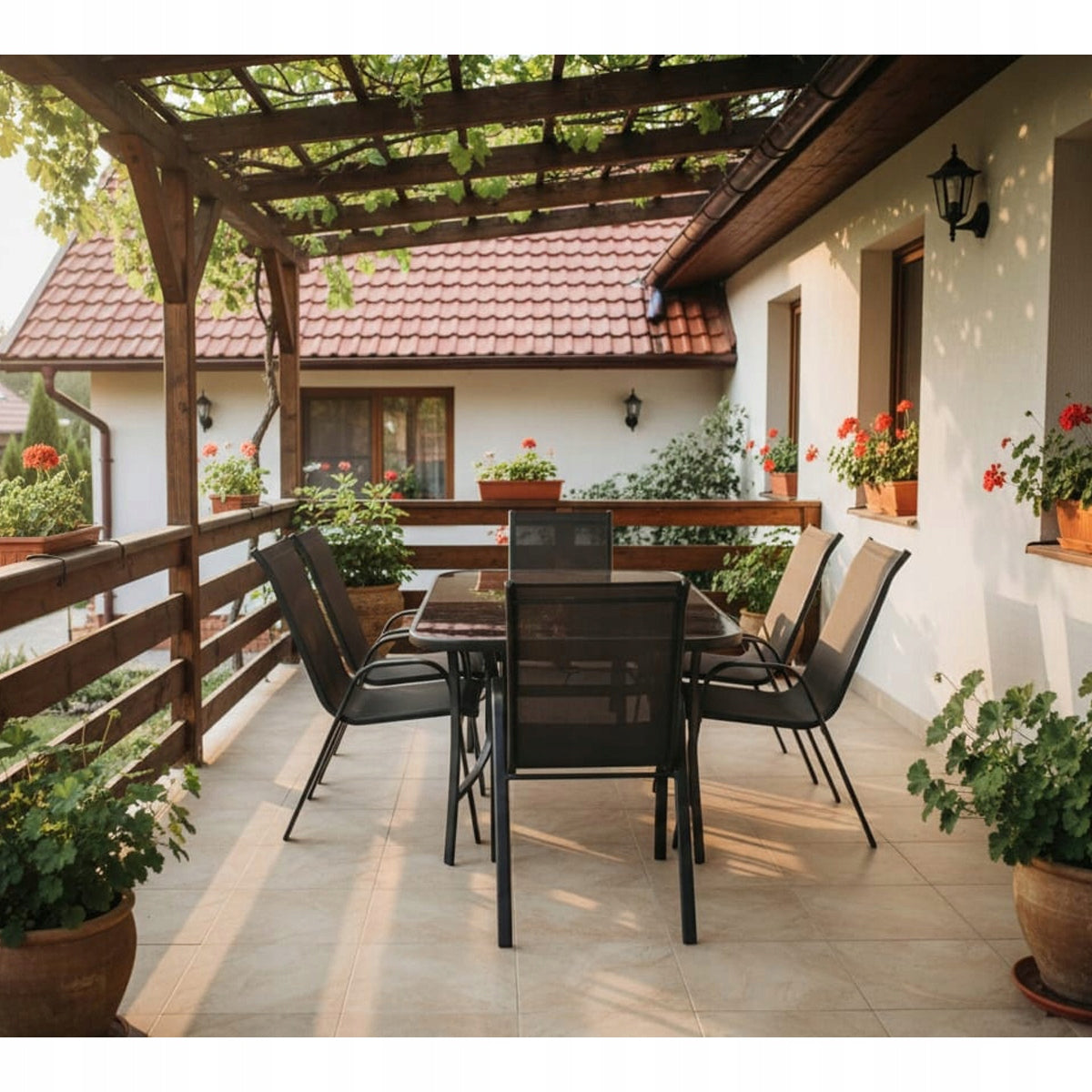 Garden Furniture Set of Terrace Furniture Garden TABLE GLASS 150x90 Chairs Main material metal