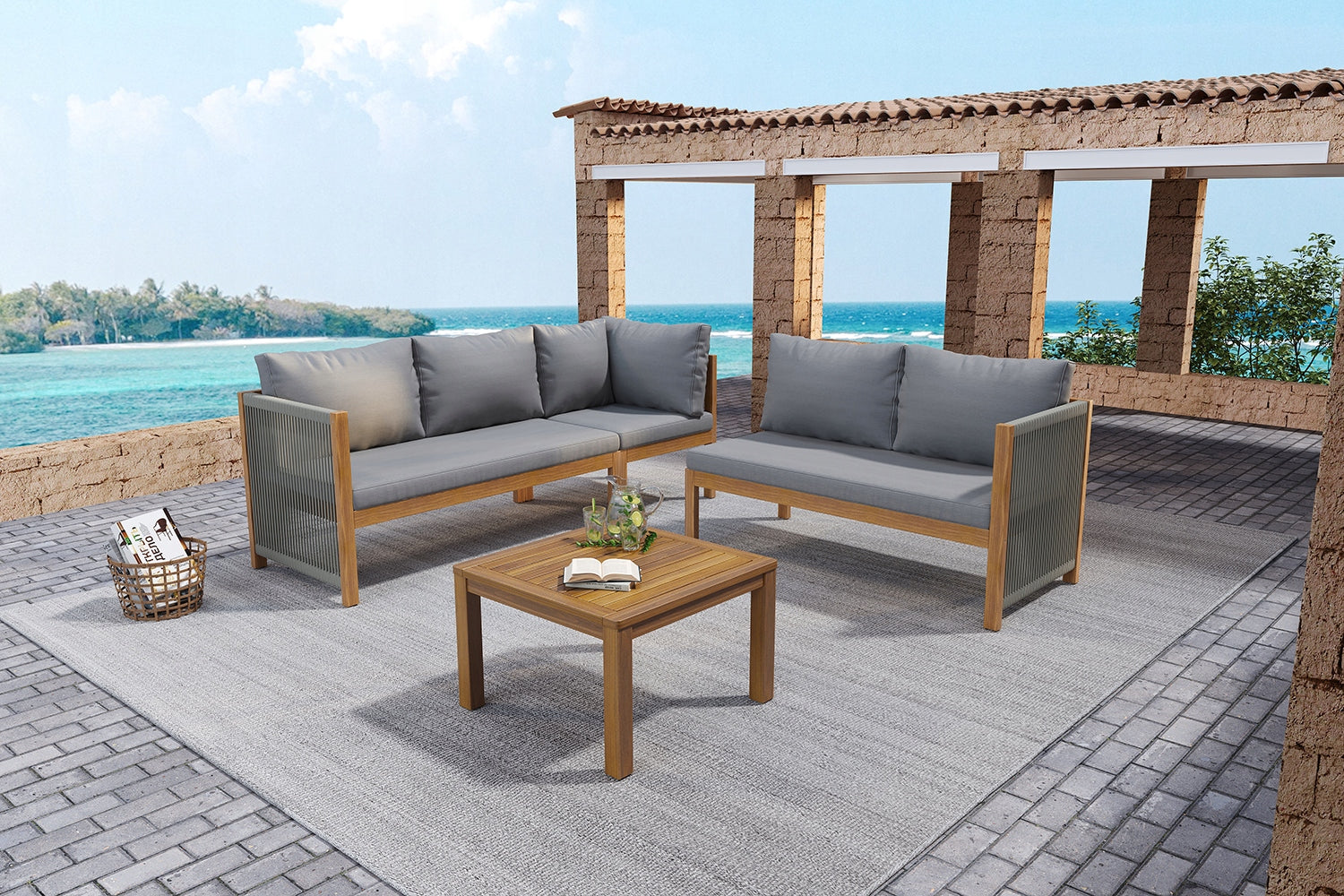 Garden Furniture Sets Corner Sofa + Coffee Table Acacia Braided Rope Style modern