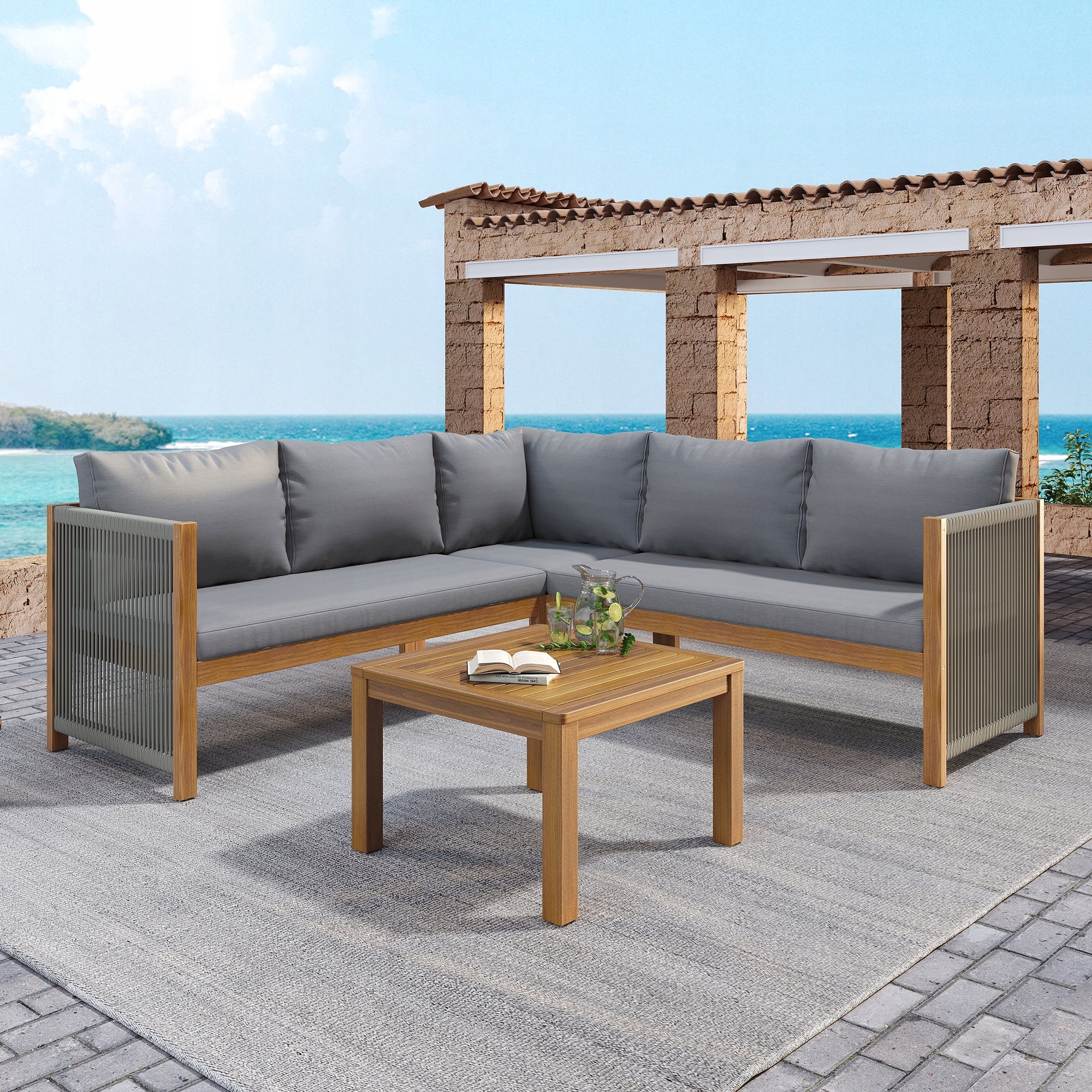 Garden Furniture Sets Corner Sofa + Coffee Table Acacia Braided Rope