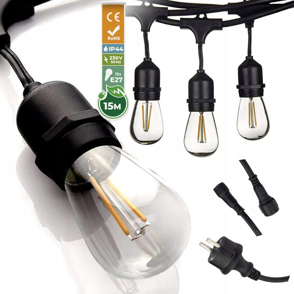 Garden Garland Light 15m+16x LED Bulbs 1W Outdoor Waterproof Packaging status original