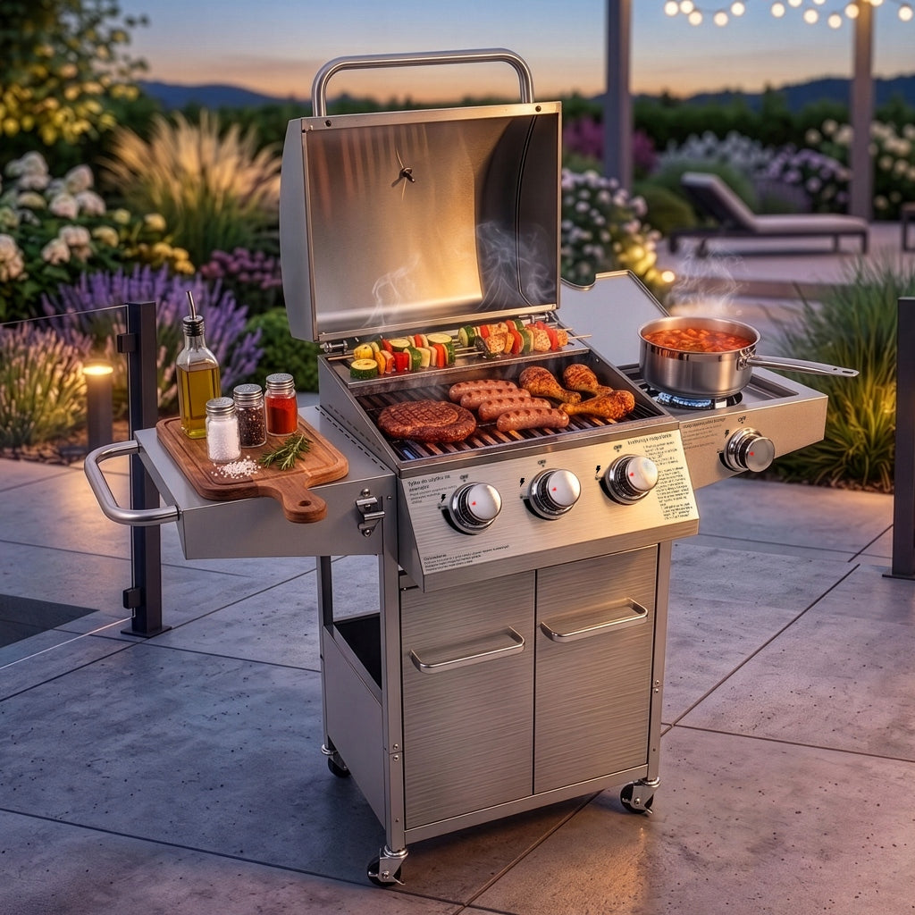Garden Gas Grill 3+1 BERGMANN Cast Iron 11,6kW Cylinder Cabinet Cover Packaging status original