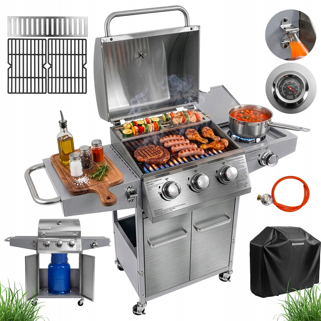 Garden Gas Grill 3+1 BERGMANN Cast Iron 11,6kW Cylinder Cabinet Cover