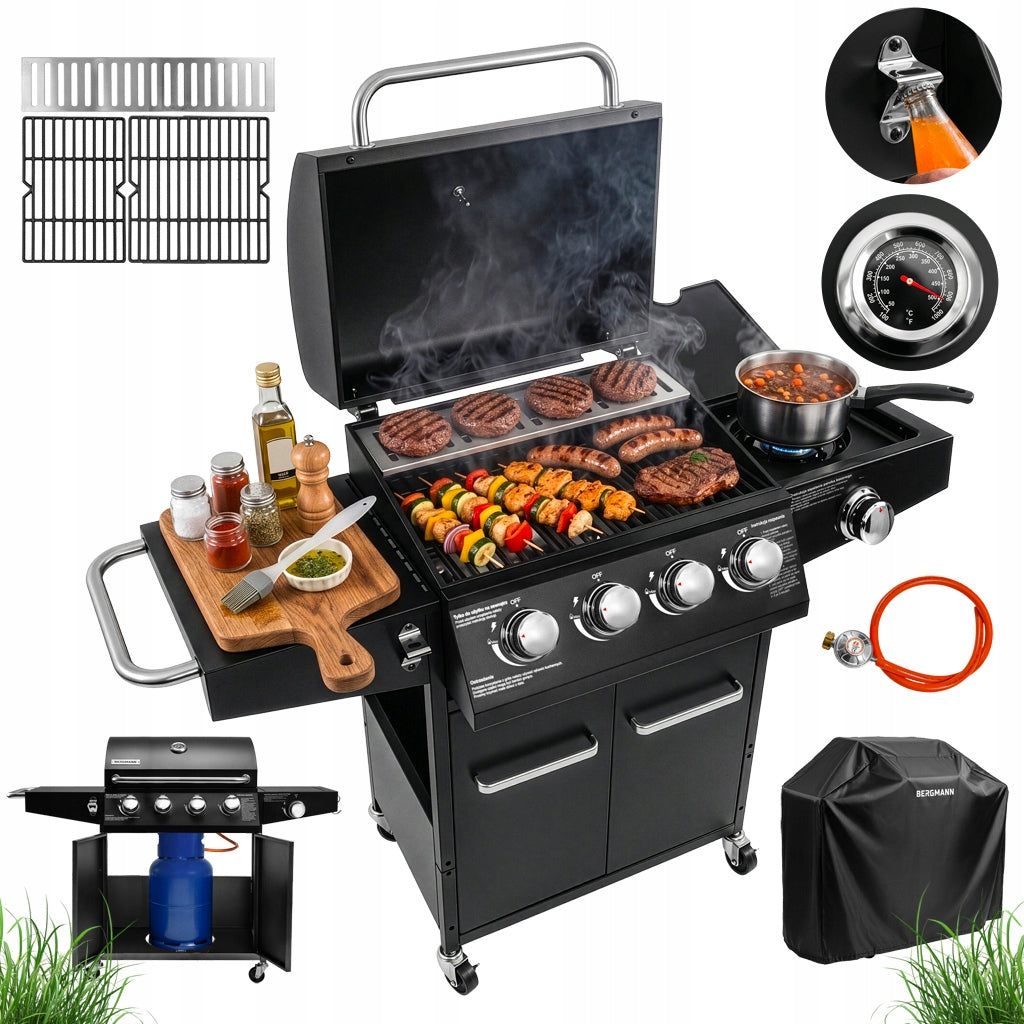 Garden Gas Grill 4+1 BERGMANN Cast Iron Grate Cylinder Cabinet Cover