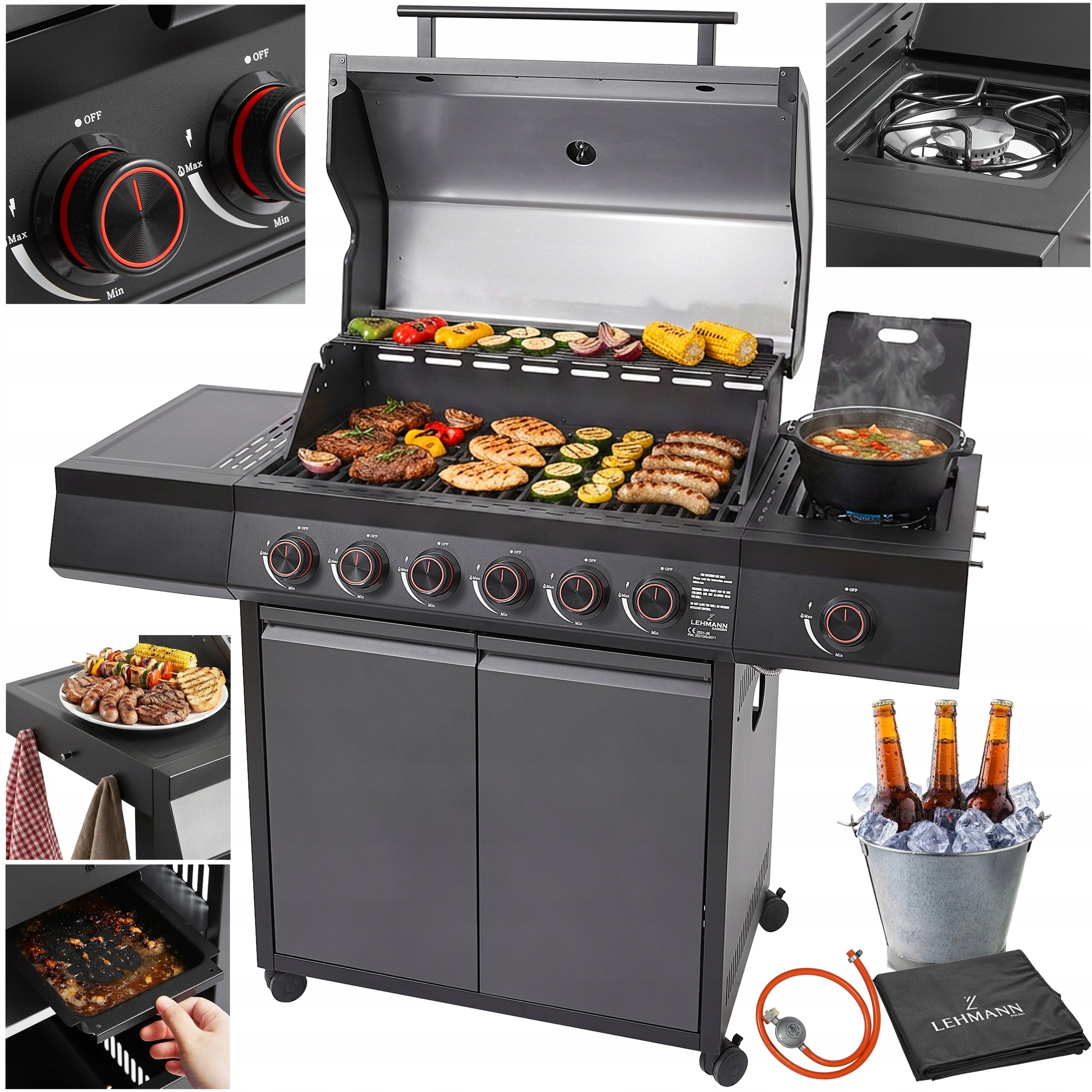 Garden Grill CAST IRON LEHMANN 6+1 stainless steel 21 kW + cylinder cabinet