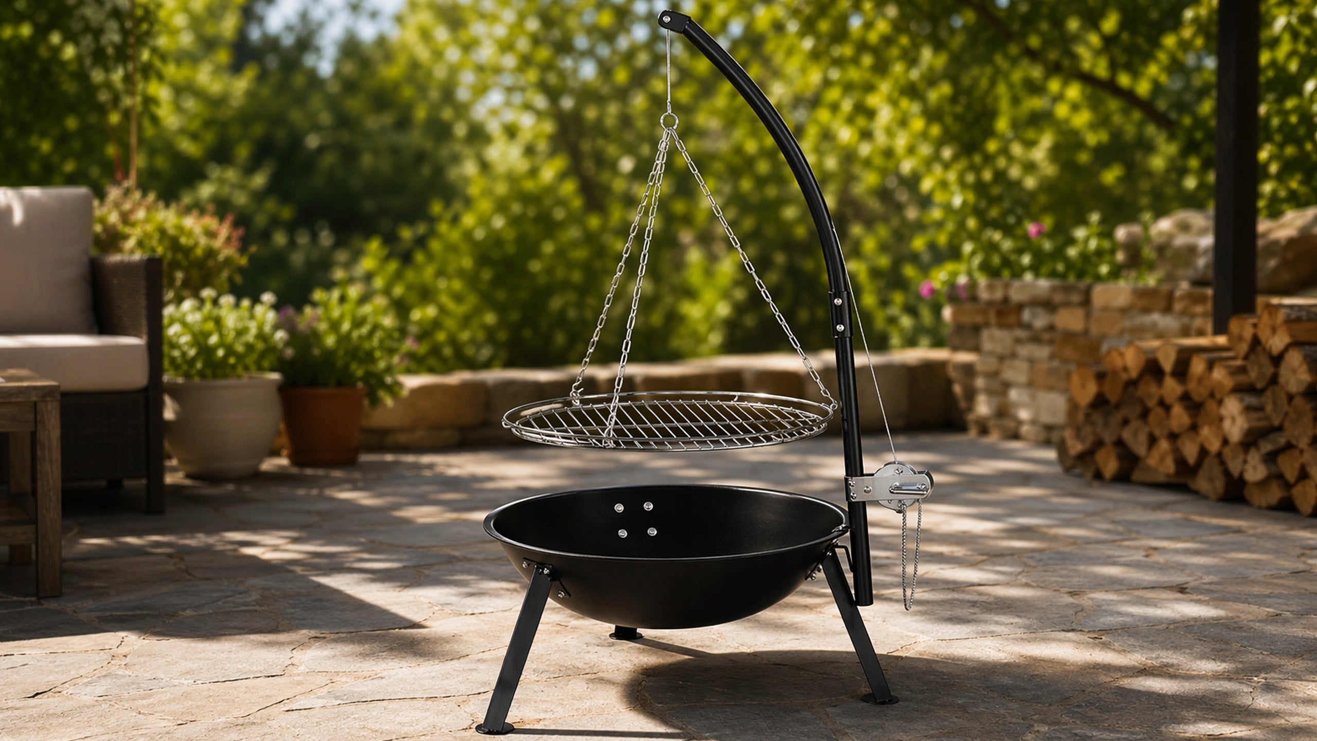 Garden Grill Tripod Fire Pit Stainless Steel Adjustable Suspended Grill depth 28 cm