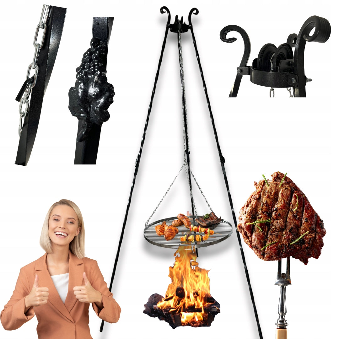Garden Grill Tripod Forged 60cm GRATE WITH CHAINS Stand over campfire