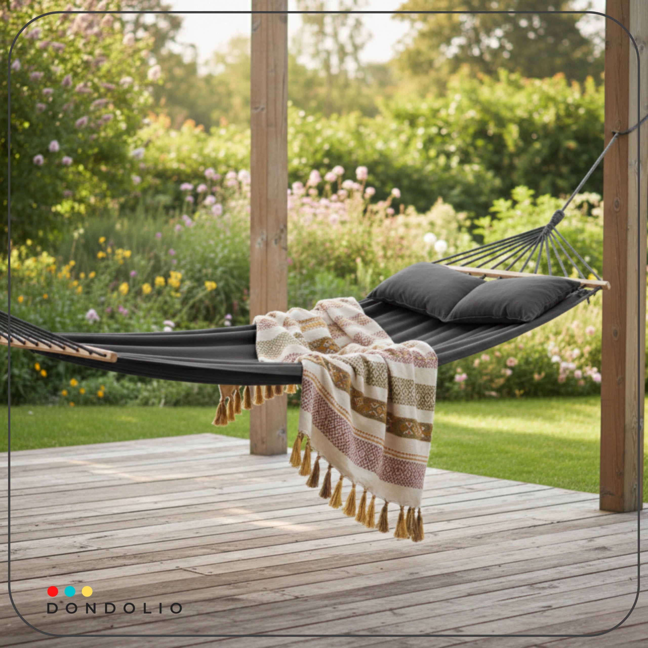 Garden Hammock Double Hammock with XXL Bar 2 Cushions Boho DARK GREY Total length 320 cm