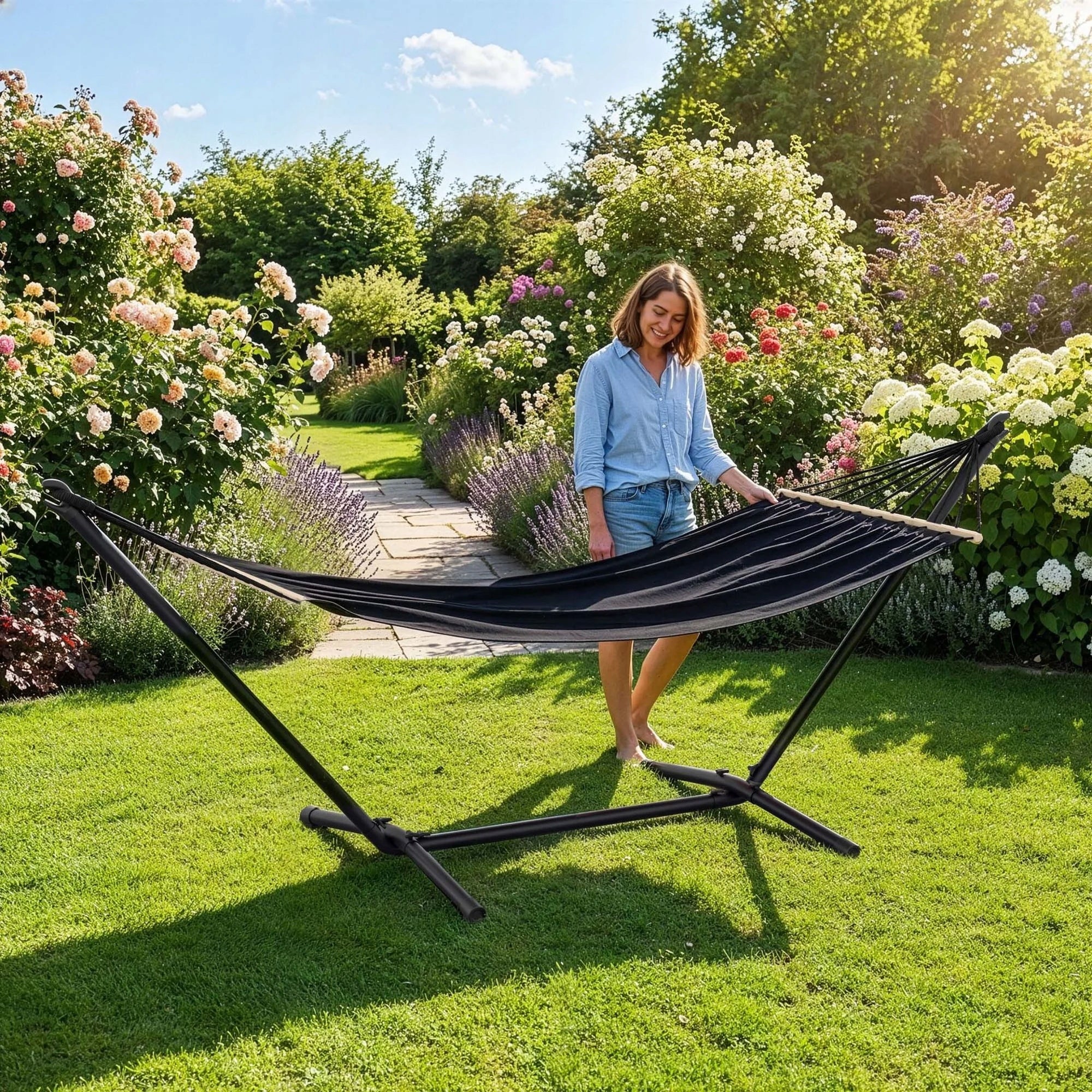 Garden Hammock with Frame and Bar Strong Hammock Frame up to 120 kg Total length 294 cm