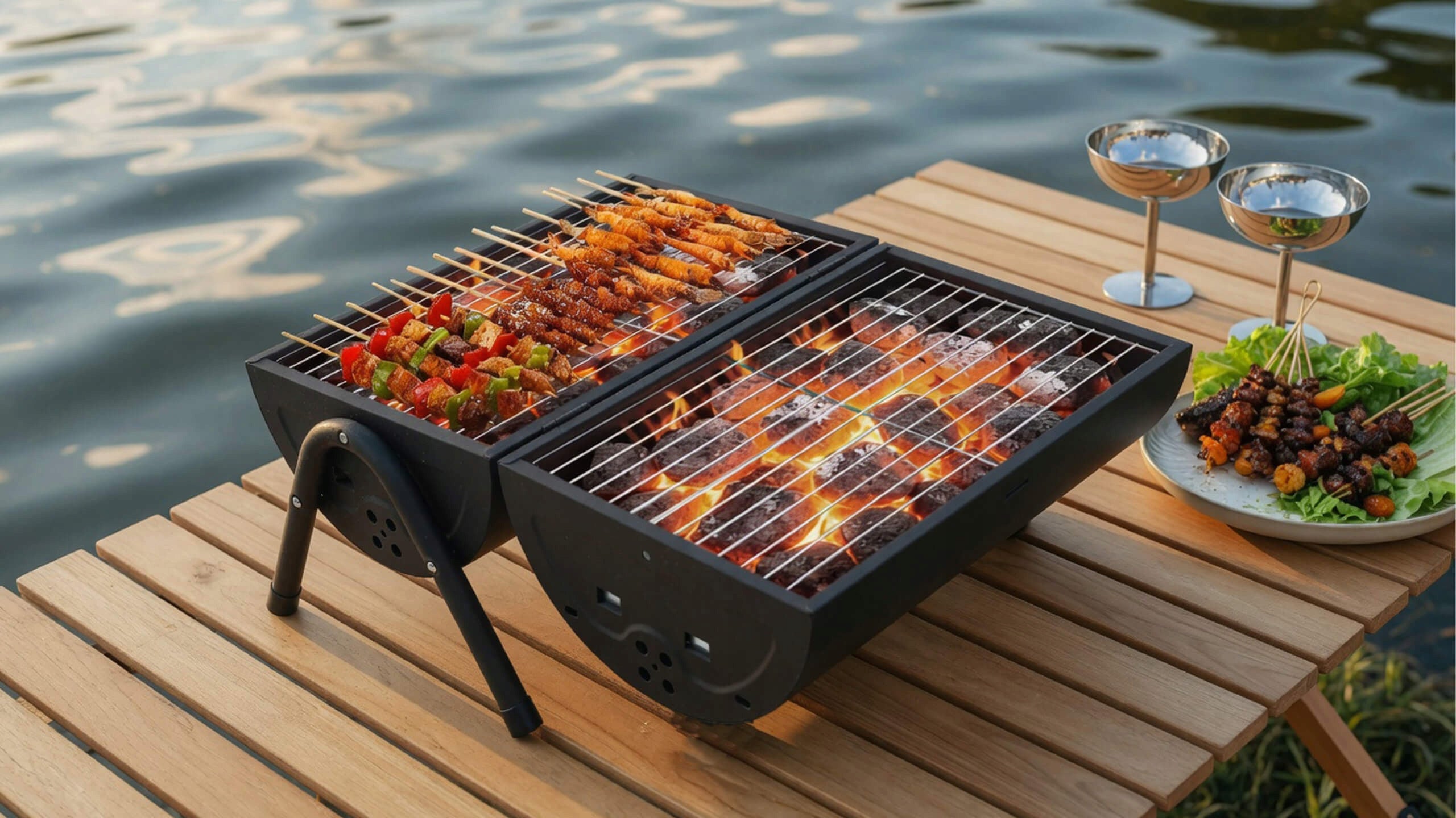 Garden Hiking Charcoal Grill Folding Camping Portable Barrel Grill width 42 cm
