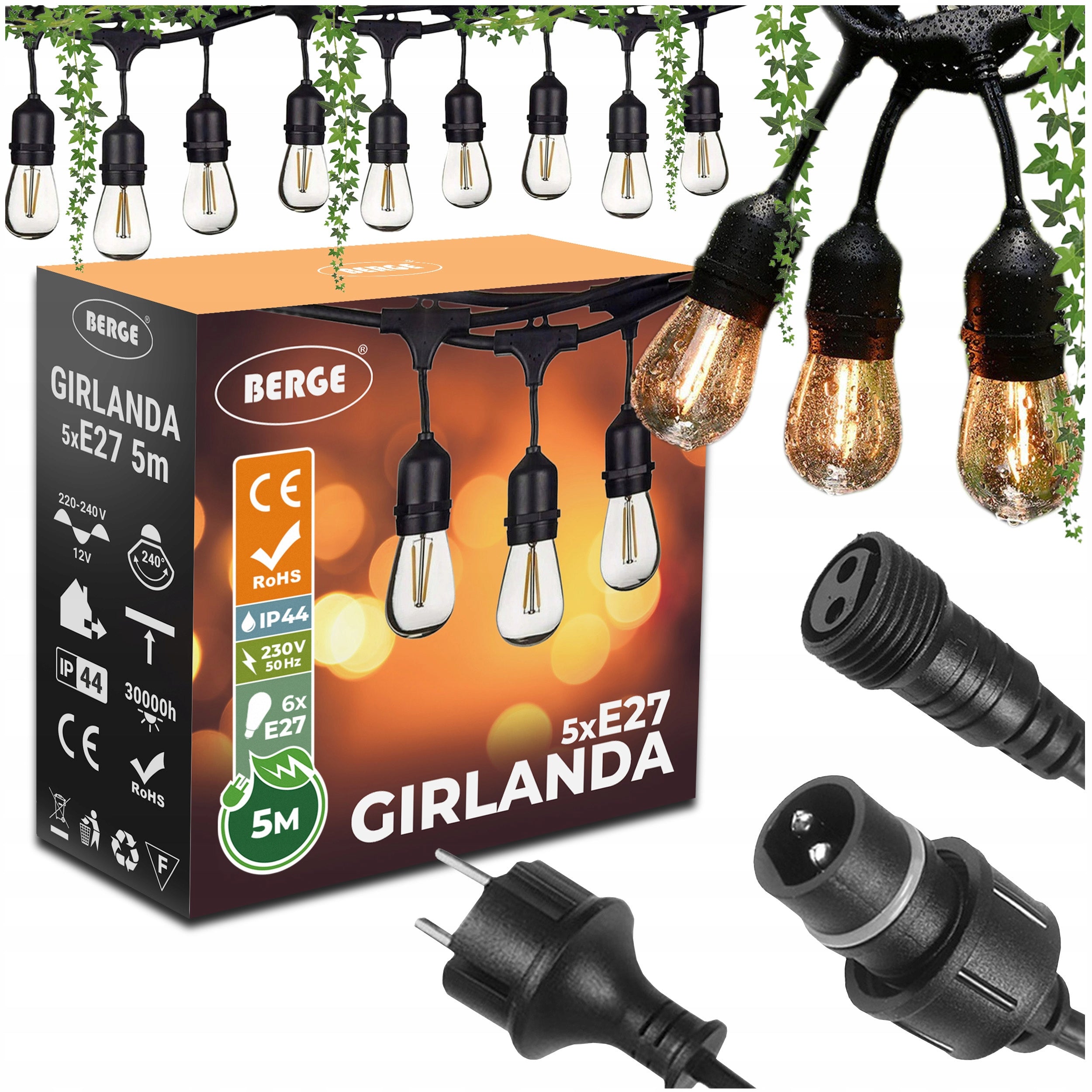 Garden Light Garland 5m + 6x 1W LED Bulbs Outdoor Waterproof