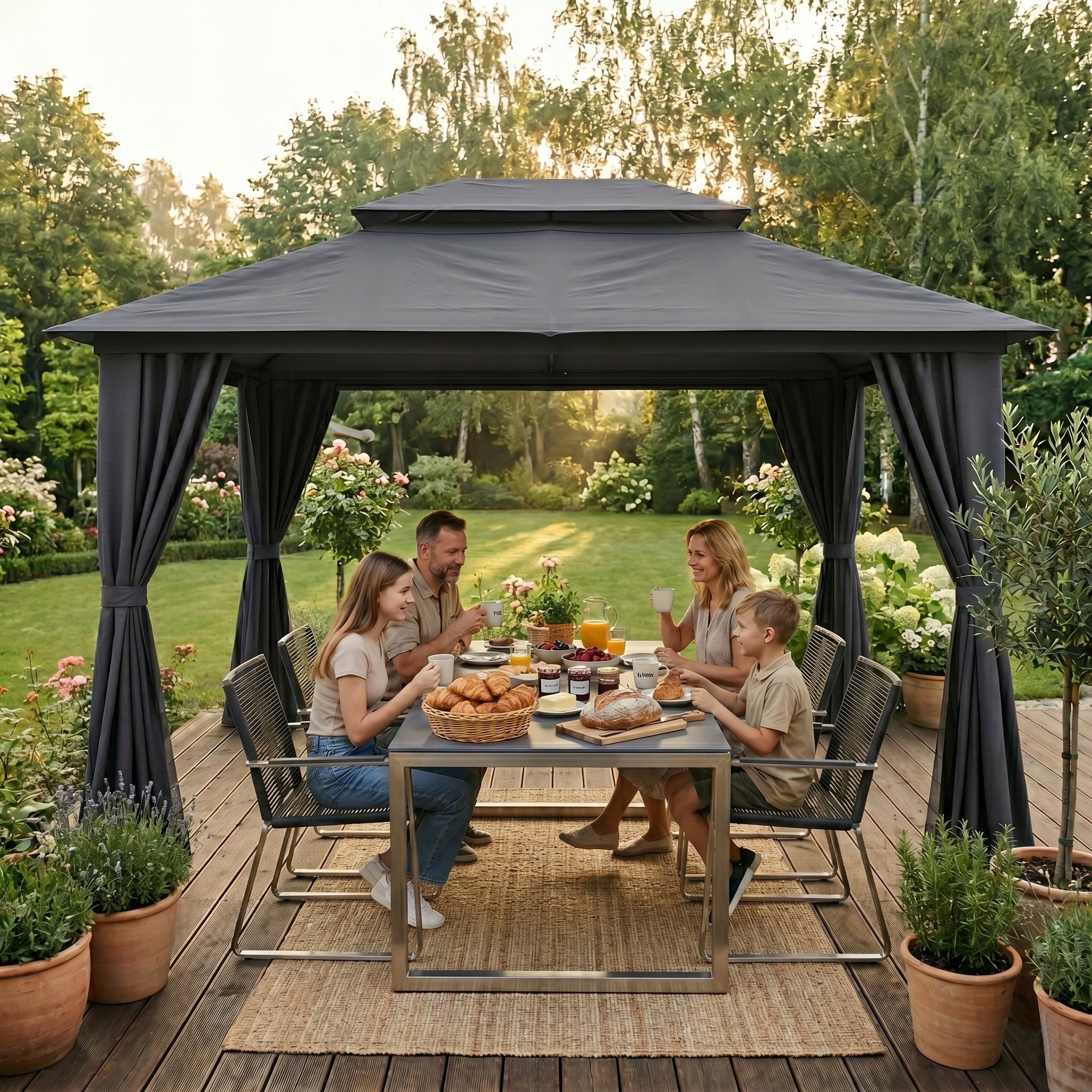 Garden Pavilion 3x4m Terrace TENT with CURTAINS and MOSQUITO NETS Gazebo Packaging status original