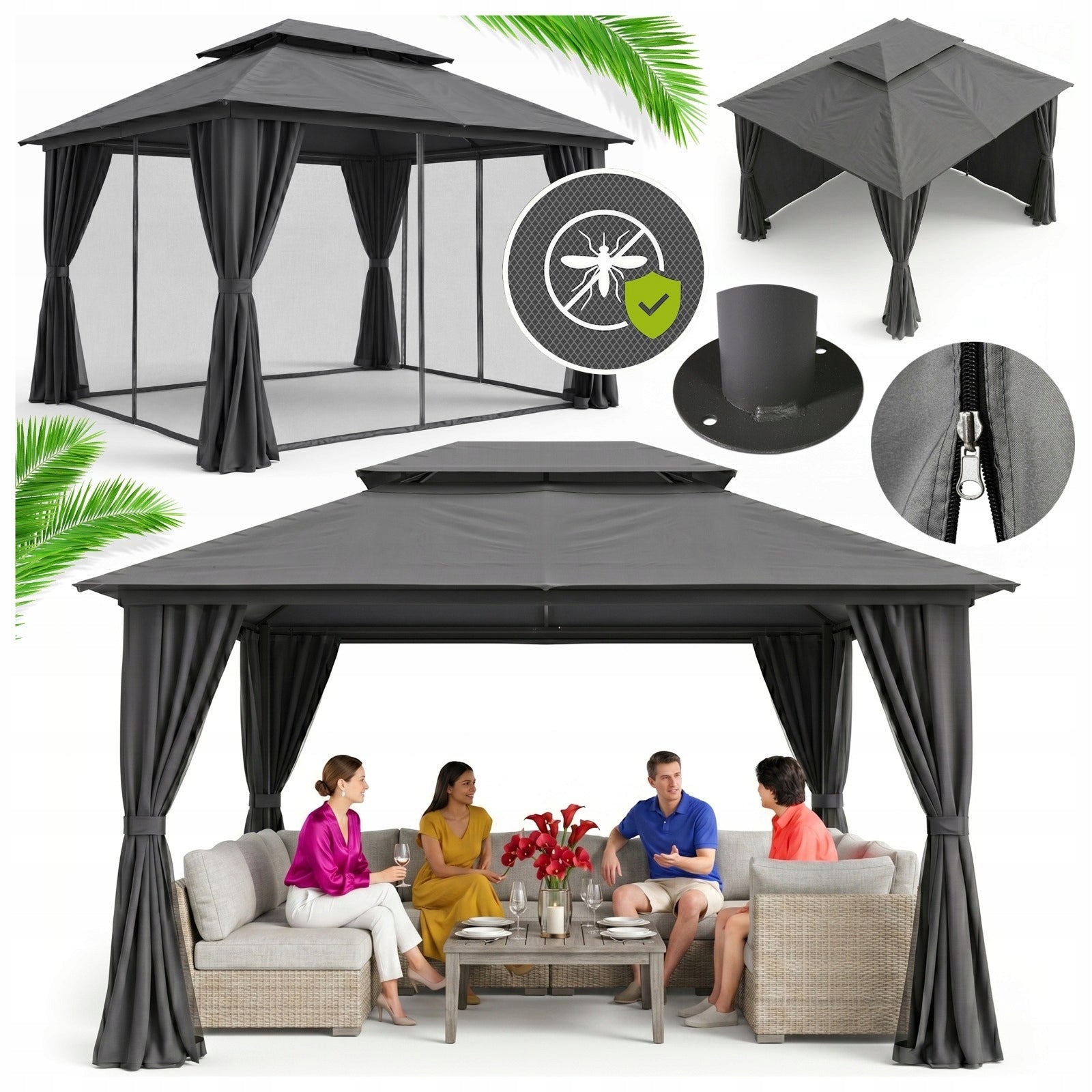 Garden Pavilion 3x4m Terrace TENT with CURTAINS and MOSQUITO NETS Gazebo
