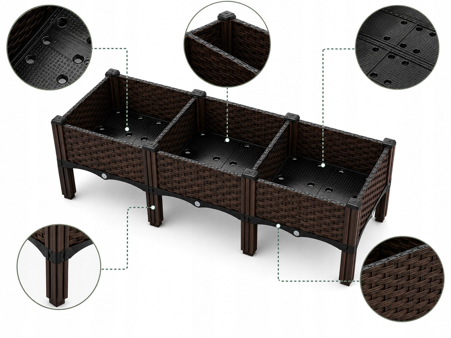 Garden Planter Elevated 120x40x38 Brown Modular 3 Boxes Balcony Length 120 cm