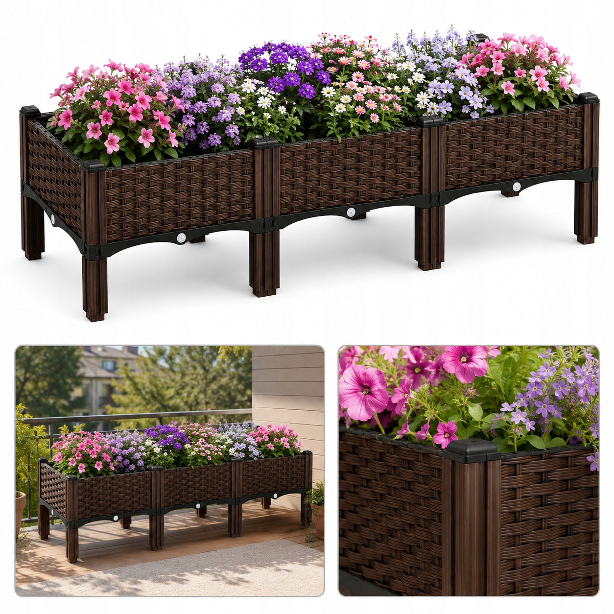 Garden Planter Elevated 120x40x38 Brown Modular 3 Boxes Balcony