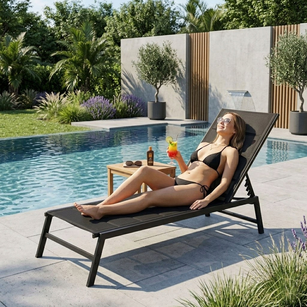 Garden Sun Lounger Beach Couch Backrest Adjustment Steel Construction Black Packaging status original