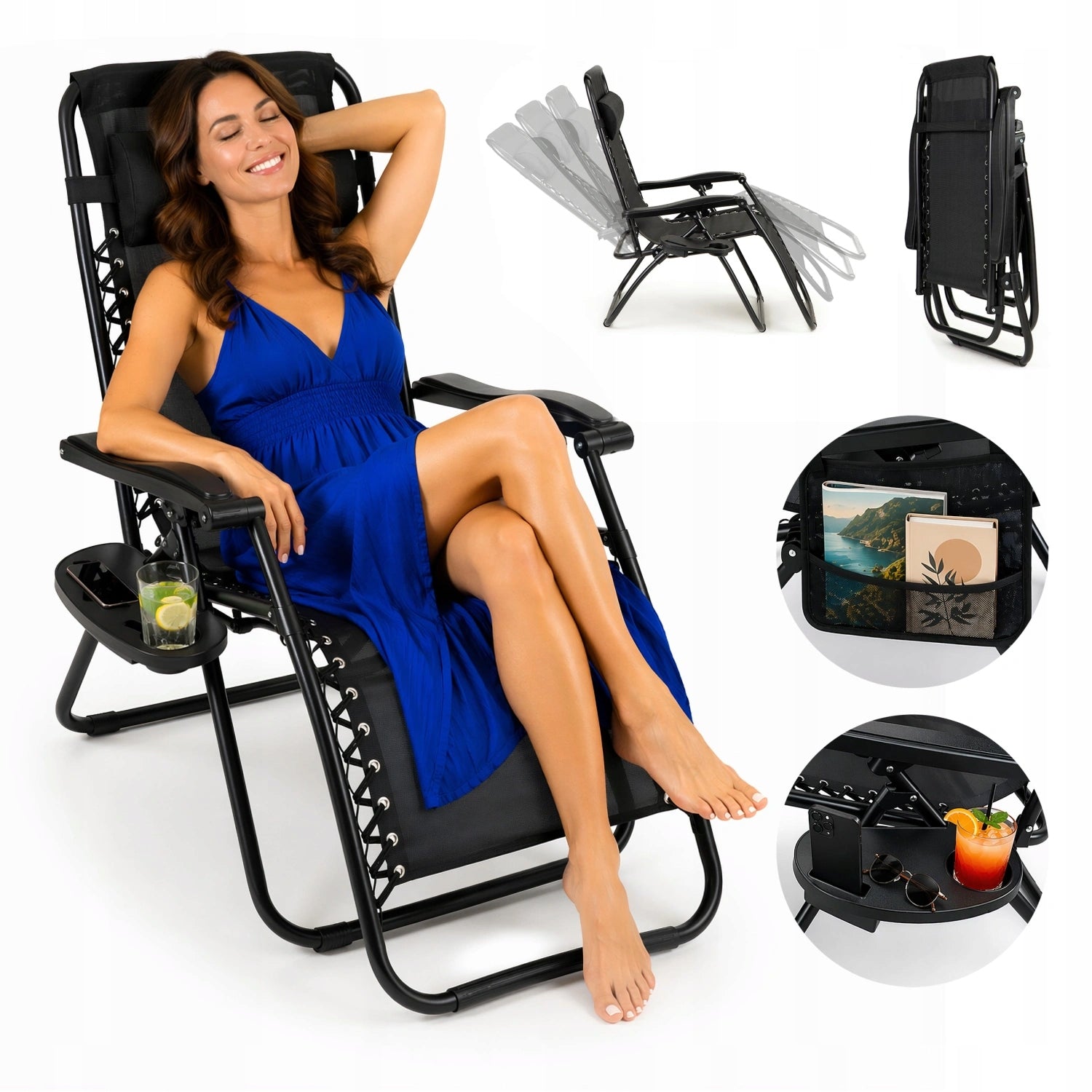 Garden Sun Lounger Folding 2in1 with Headrest Drink Table Relaxation 120 kg