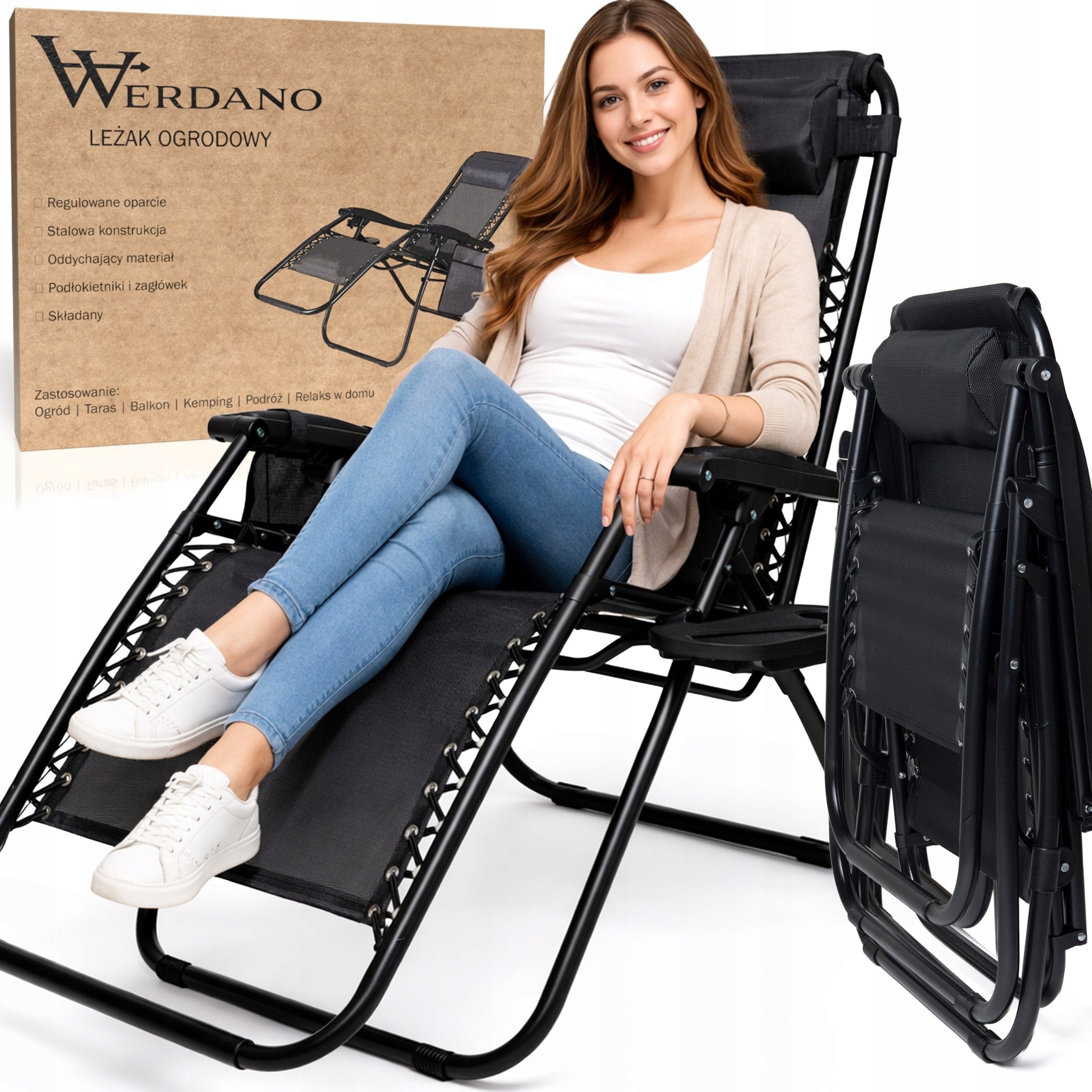 Garden Sun Lounger Hiking Chair Zero Gravity Reclining Table Black