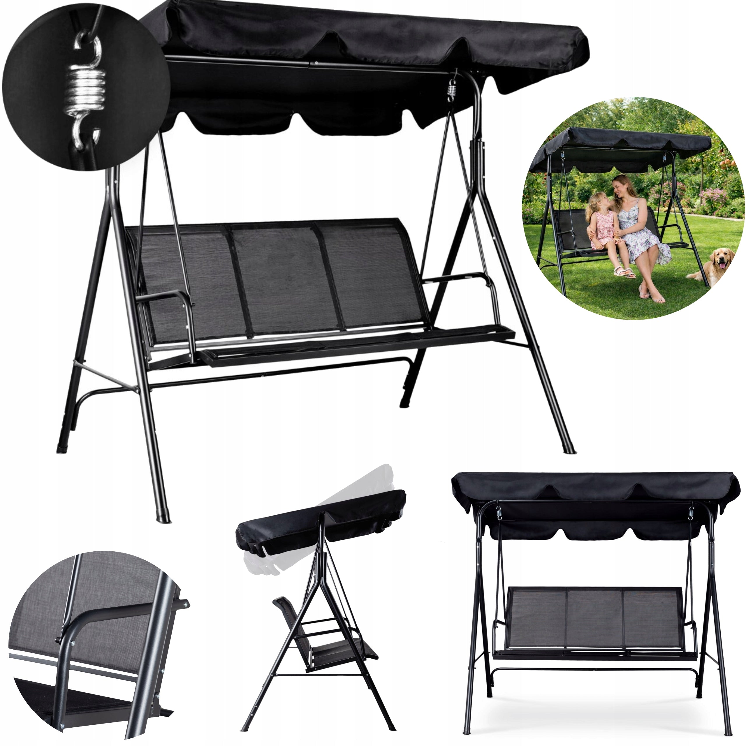 Garden Swing 3-Person Rocking Canopy Solid 260 kg Black Steel