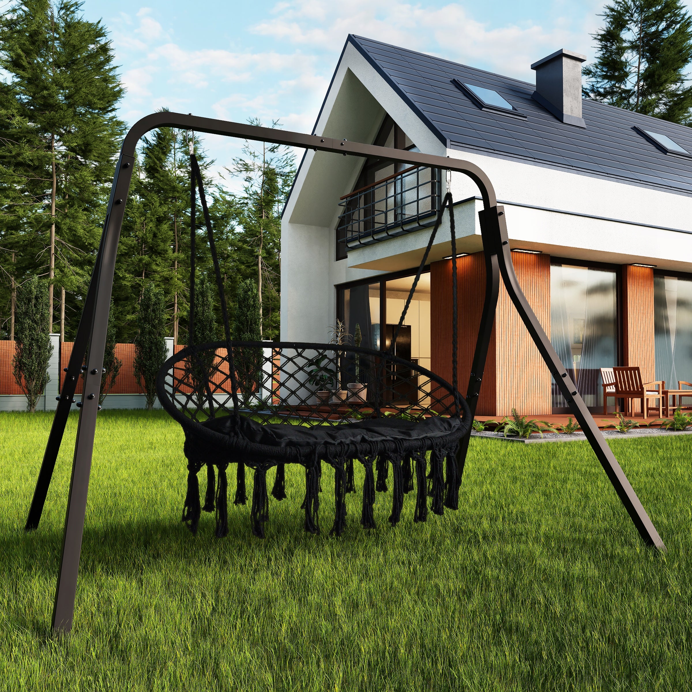 Garden Swing Metal Double with Cushion Cocoon Rocking Basket Boho Seat width 120 cm