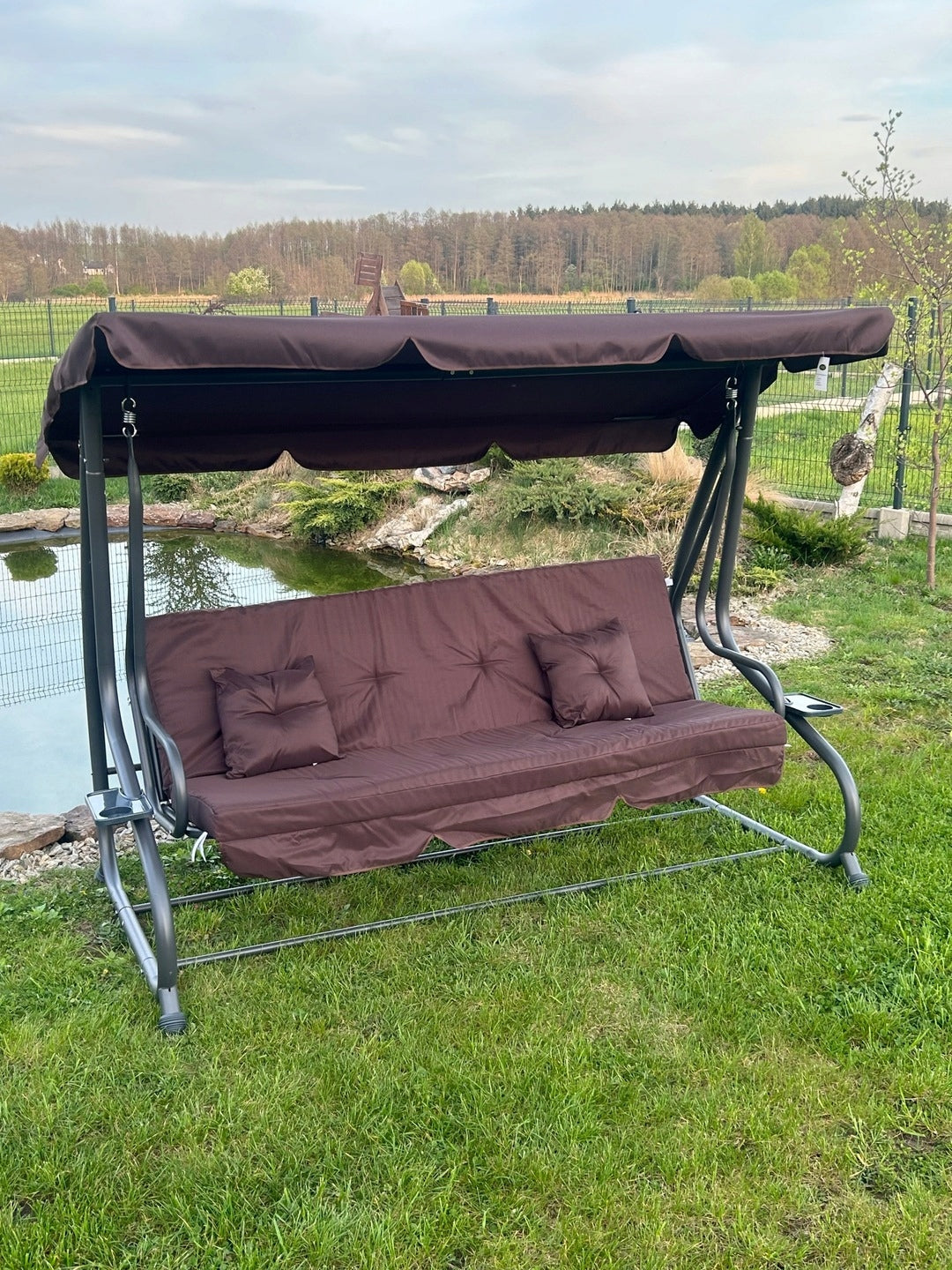 Garden Swing with Canopy Adjustable Seat Mattress 2 Cushions Kind freestanding