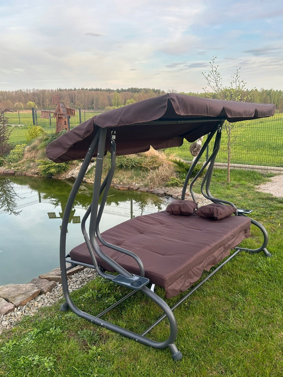 Garden Swing with Canopy Adjustable Seat Mattress 2 Cushions Line CLASSIC