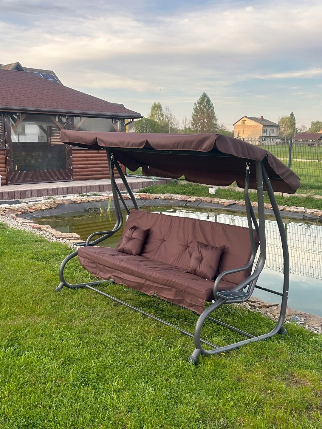 Garden Swing with Canopy Adjustable Seat Mattress 2 Cushions Seat length 185 cm