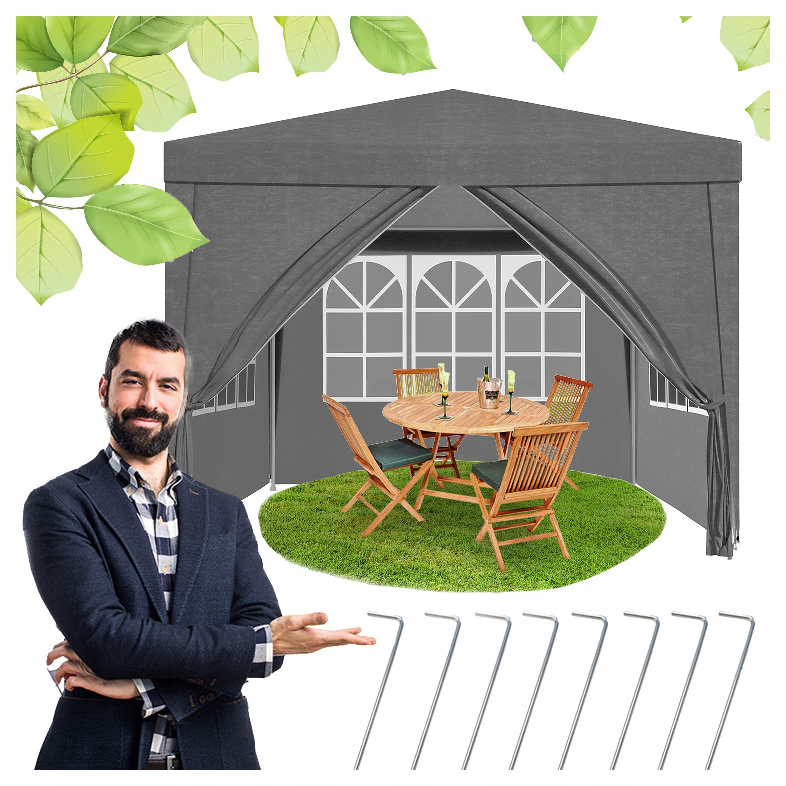 Garden Tent Pavilion 3x3m with 4 Walls – Gazebo For Terrace Events Packaging status original