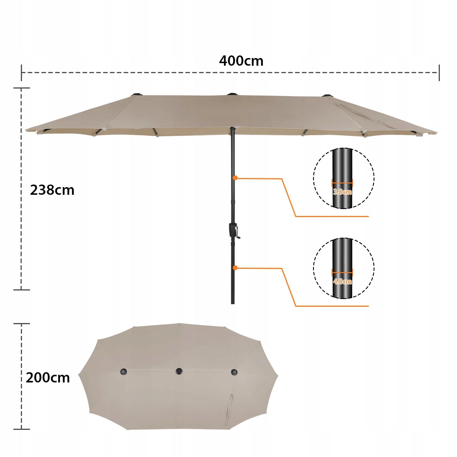 Garden Umbrella Large 400x200 CM Double Folding XXL UPF50+ beige Product height 238 cm