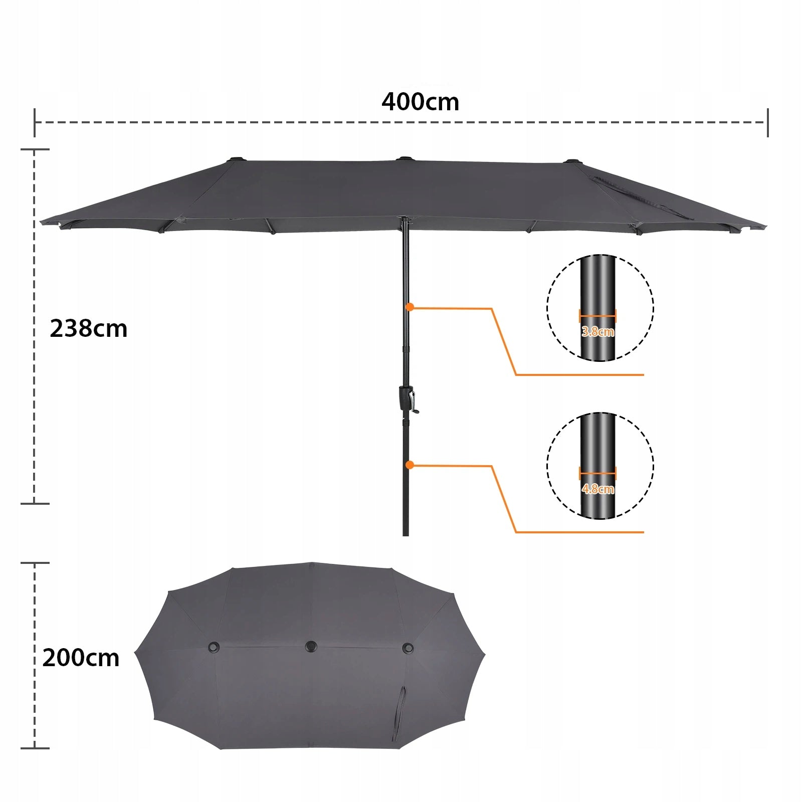 Garden Umbrella Large 400x200 CM Double Folding XXL UV50+ Grey Product height 238 cm