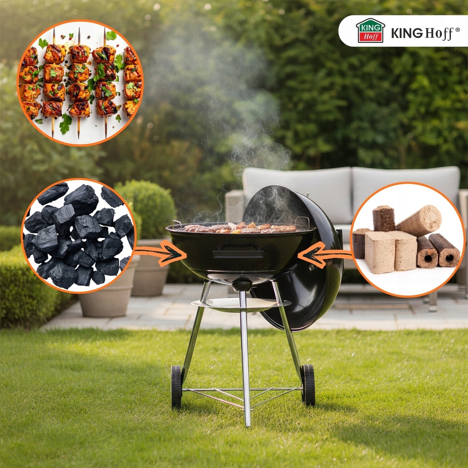 Garden charcoal grill KINGHOFF KH-2033 with Cover 41 cm on Wheels Grate Grill depth 43 cm