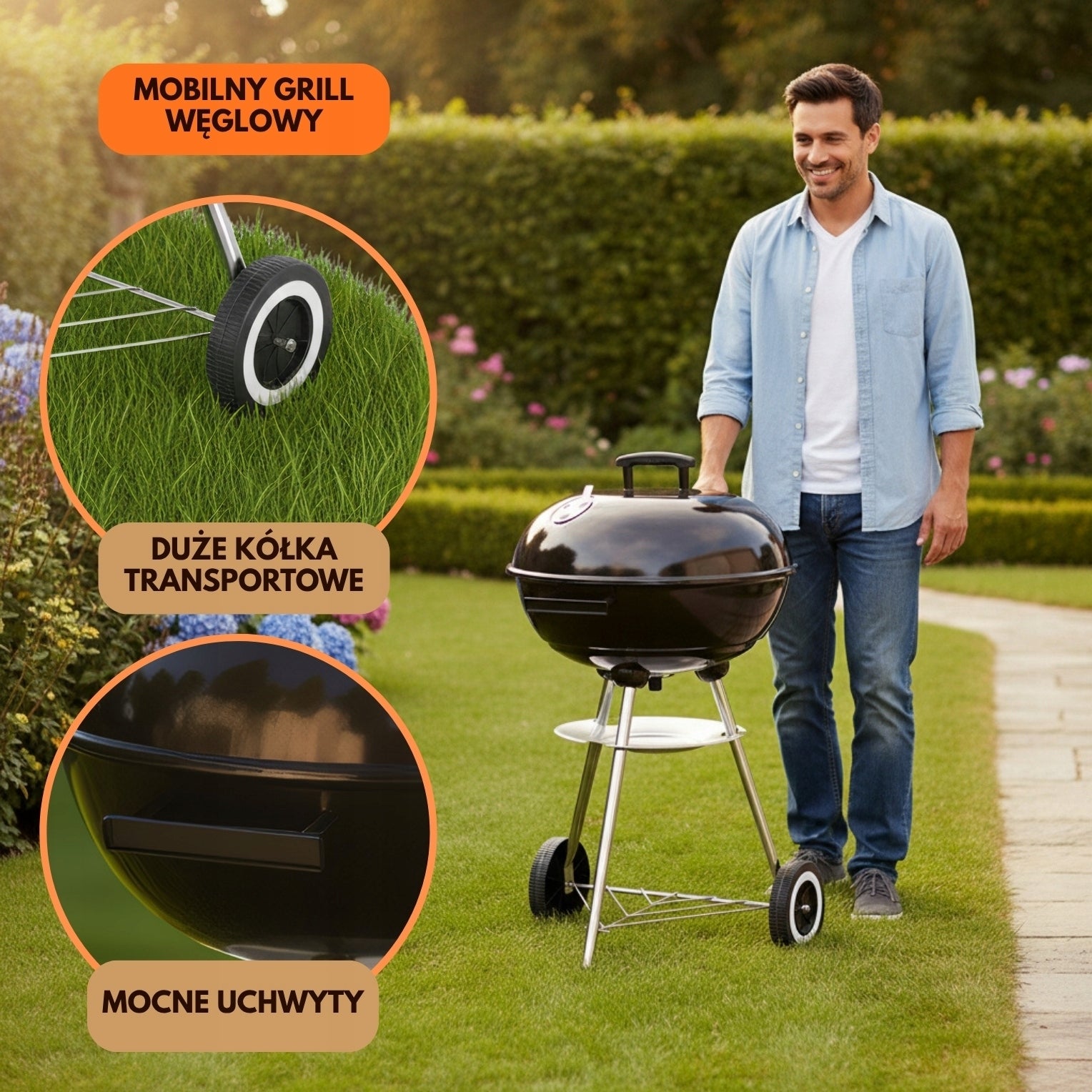 Garden charcoal grill KINGHOFF KH-2033 with Cover 41 cm on Wheels Grate Grill height 74 cm