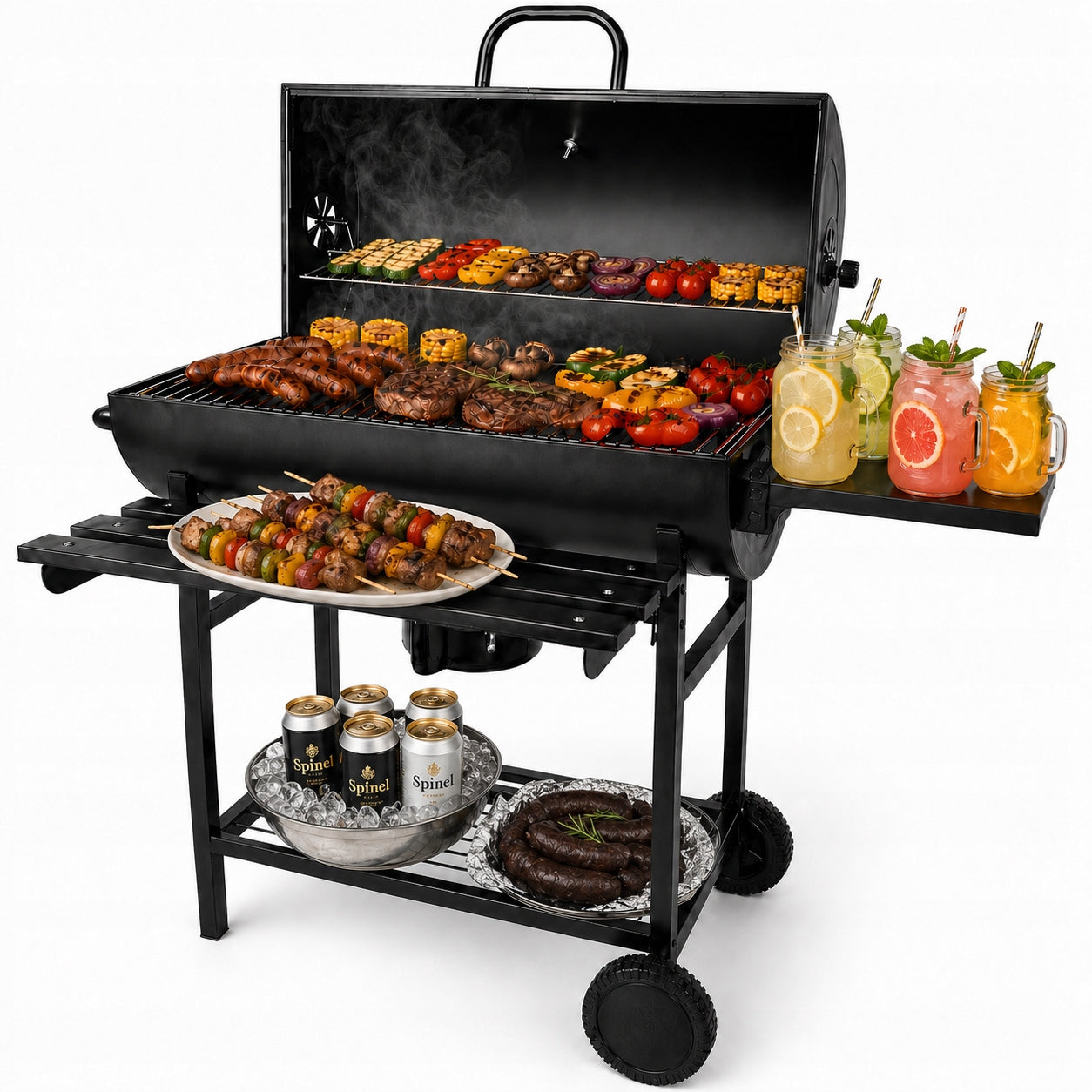 Garden charcoal grill large Spinel 115 cm 2 grates thermometer cover