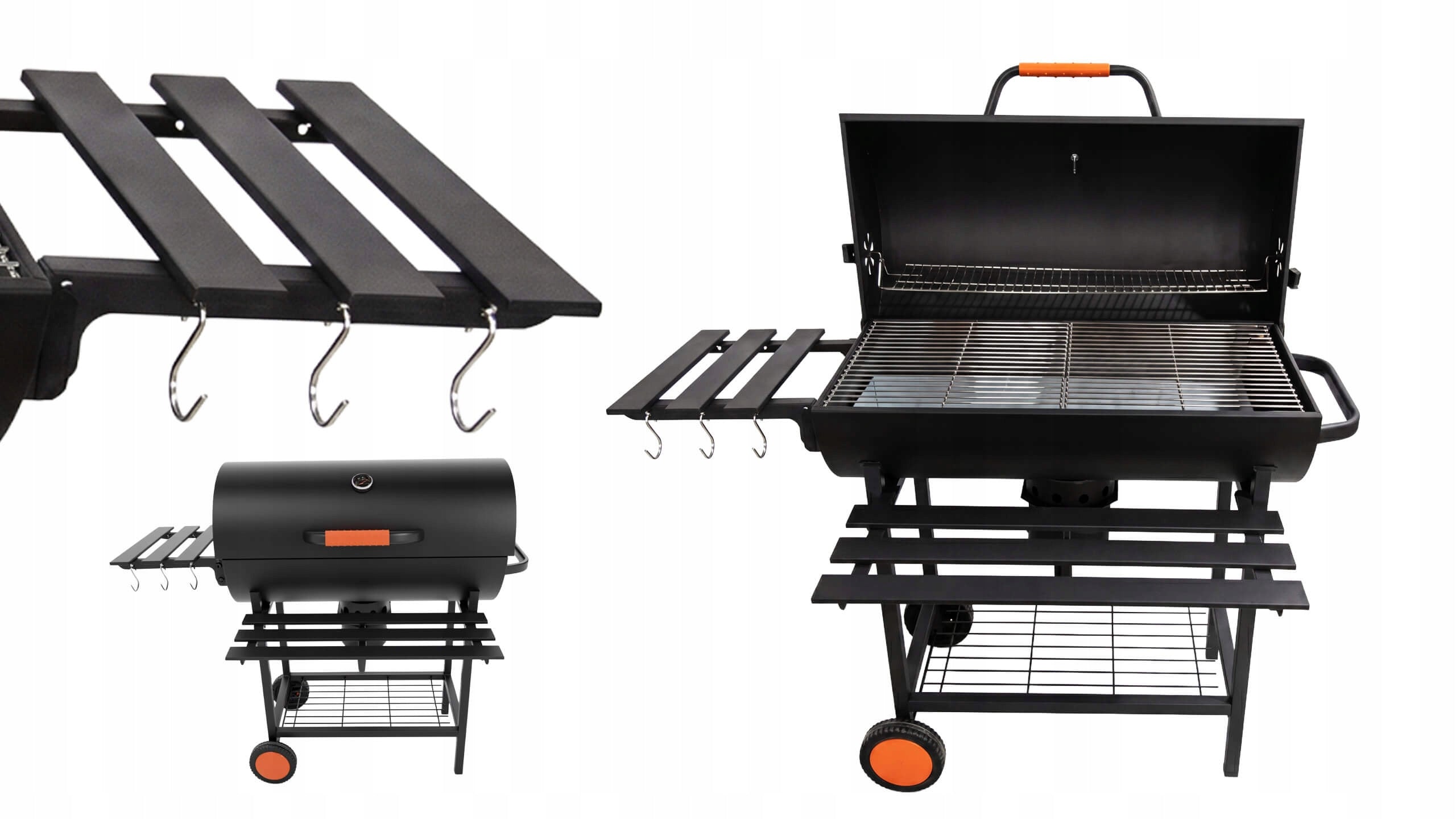 Garden charcoal grill with lid 2 grates ashtray thermometer steel 2 shelves Grill width 110 cm