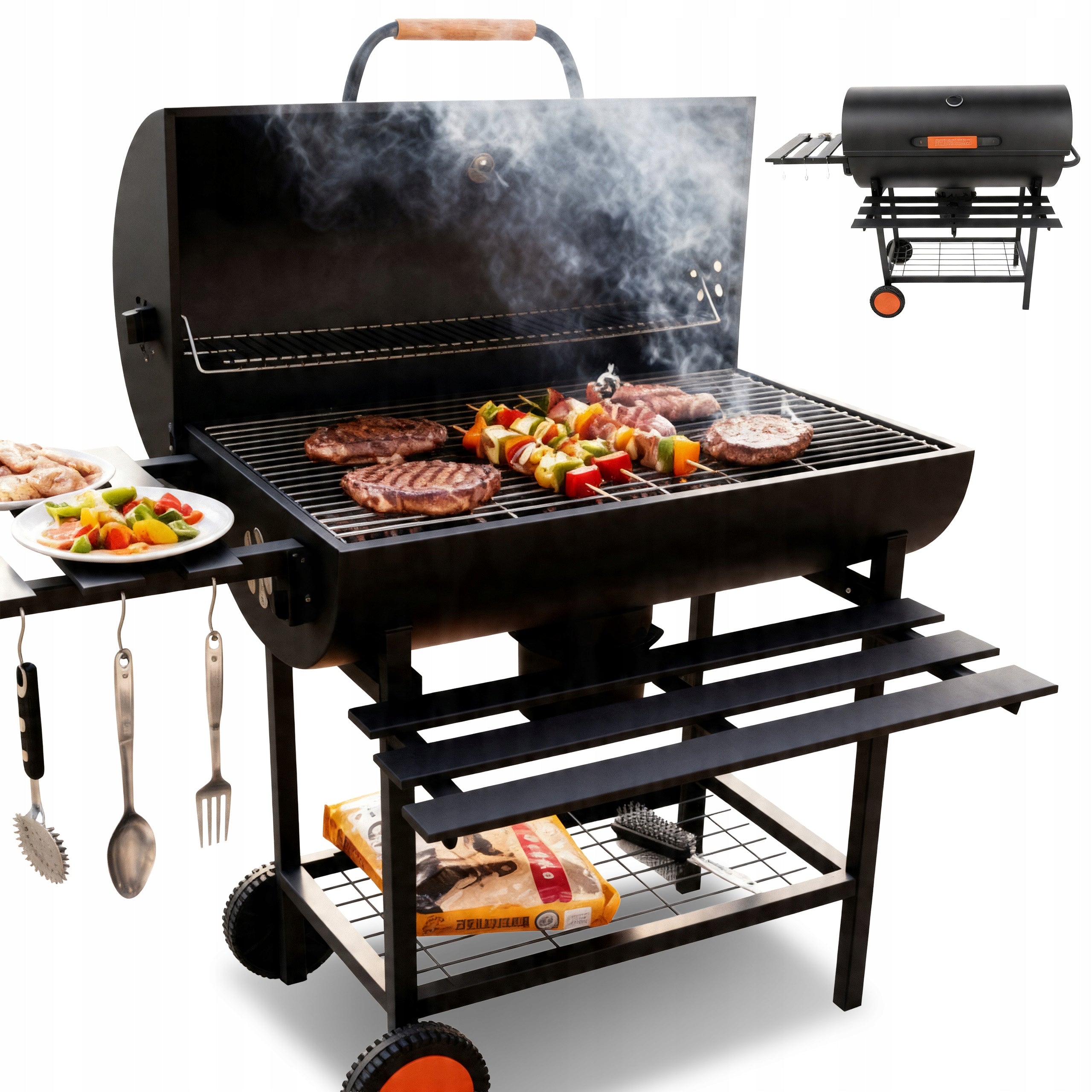 Garden charcoal grill with lid 2 grates ashtray thermometer steel 2 shelves