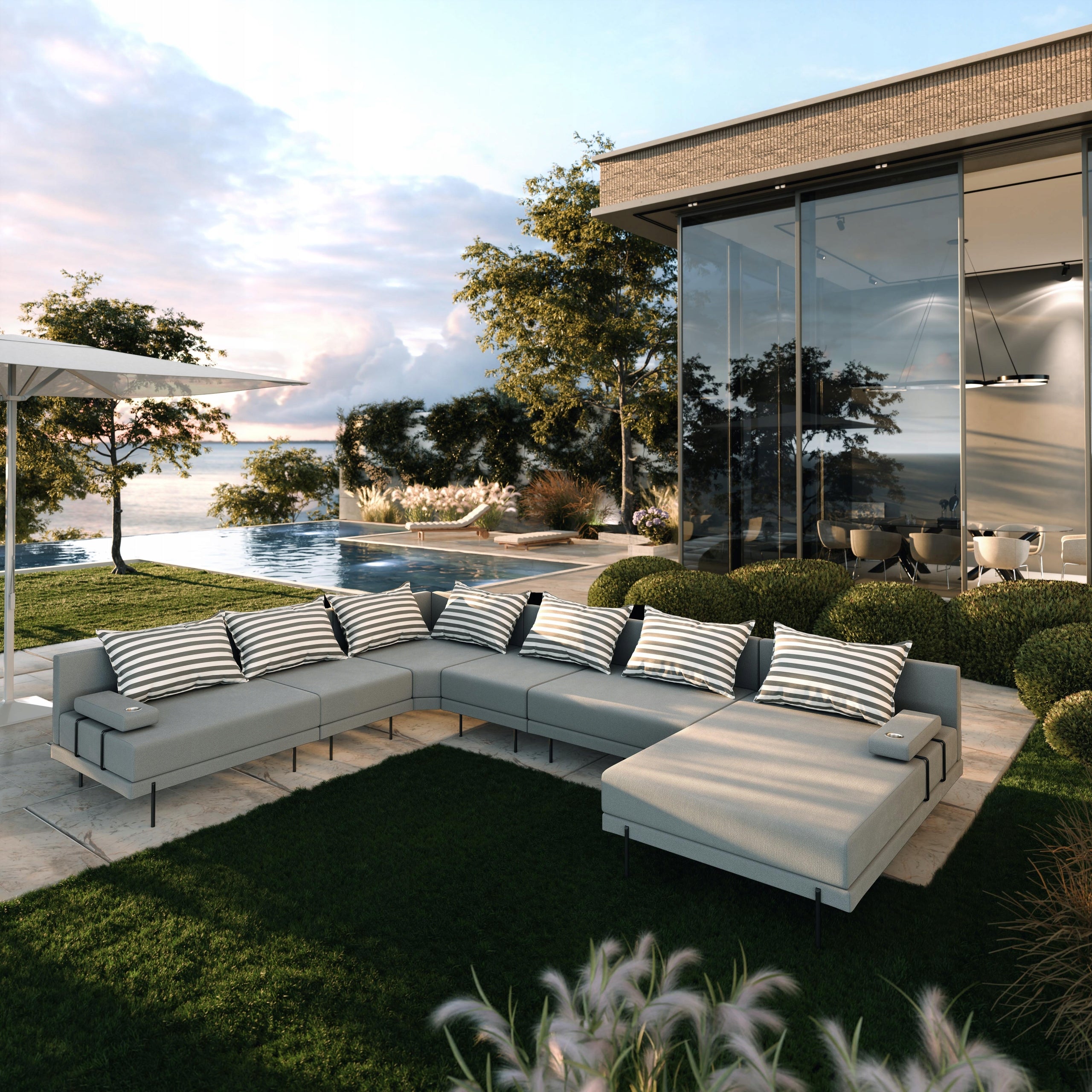 Garden corner sofa Bahama XXL Grey Striped U 410 cm Seating set -LEFT