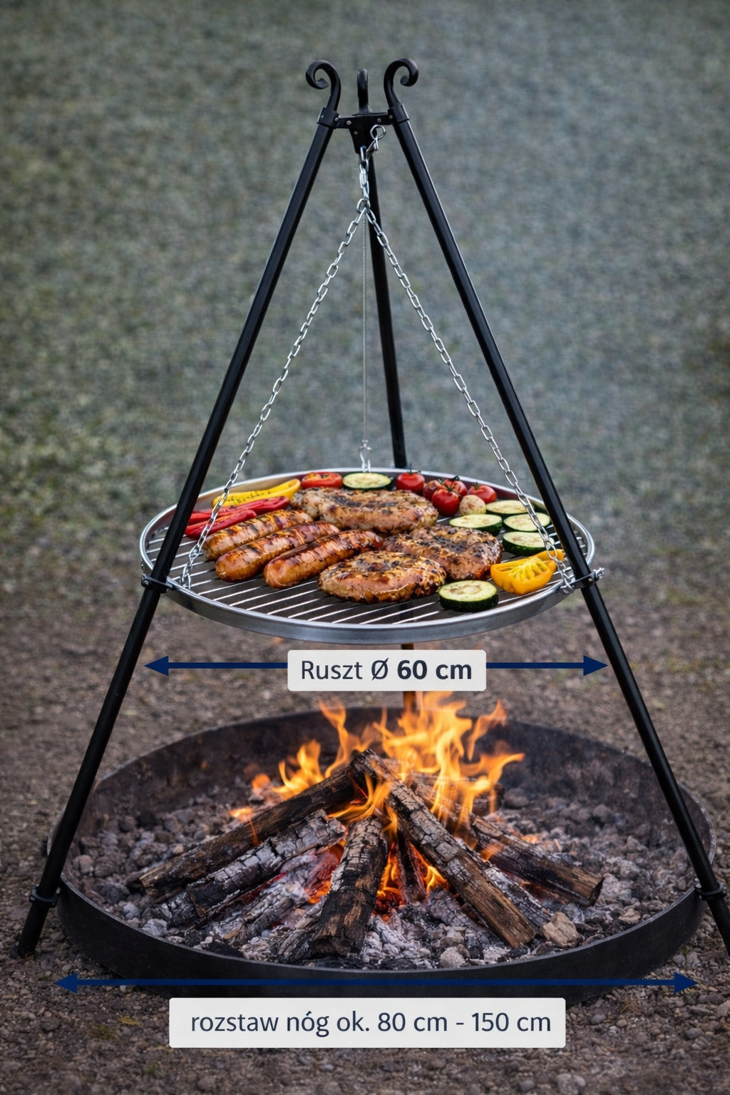 Garden fireplace grill – tripod NiKMET 200 cm | Stainless steel grate 60 cm Grill width 60 cm