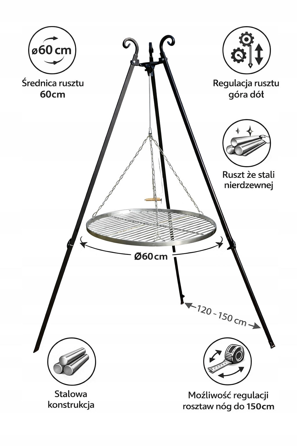 Garden fireplace grill – tripod NiKMET 200 cm | Stainless steel grate 60 cm Manufacturer NiKmet