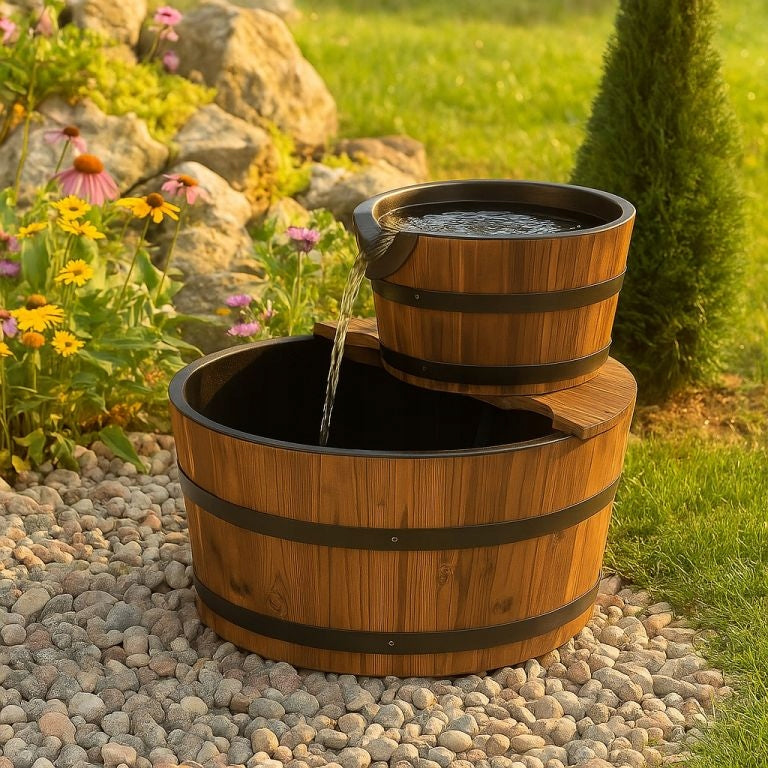 Garden fountain - fountain with two wooden buckets