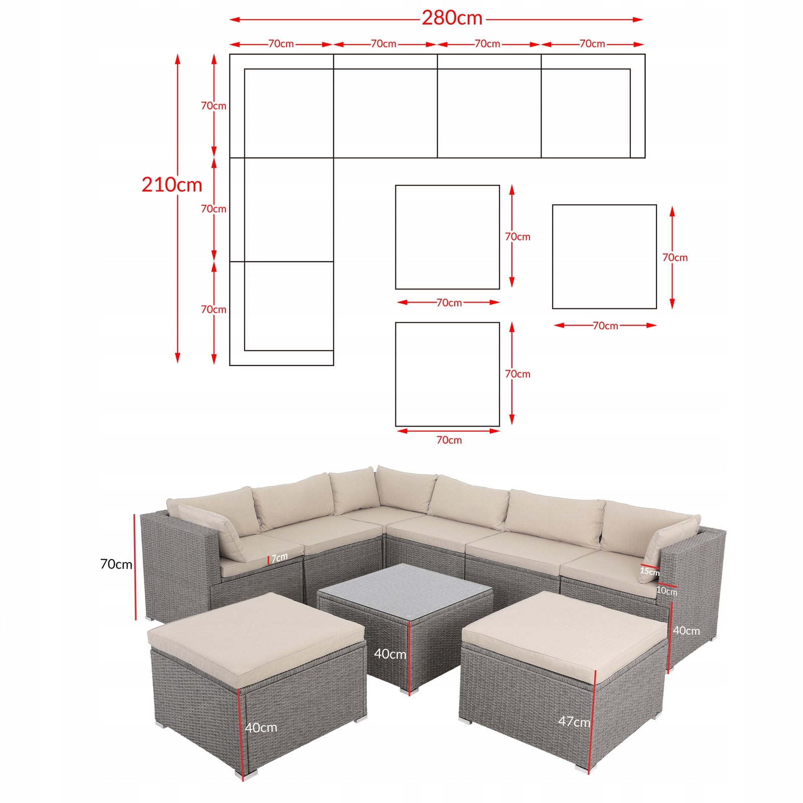 Garden furniture corner set rattan furniture for terrace pillows pouf 26 el Set contents corner sofa pouf end table