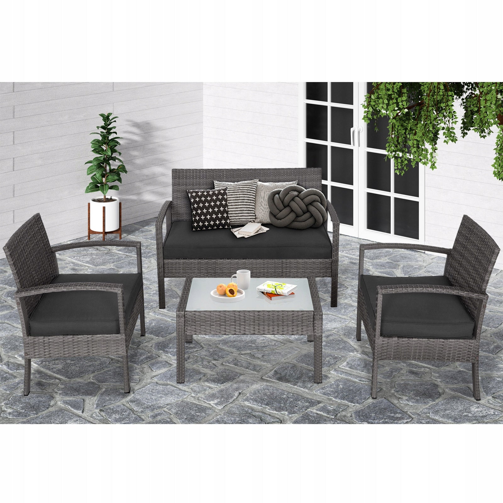 Garden furniture polyrattan 3x cushions 2x armchair bench table set grey Set contents armchair bench end table