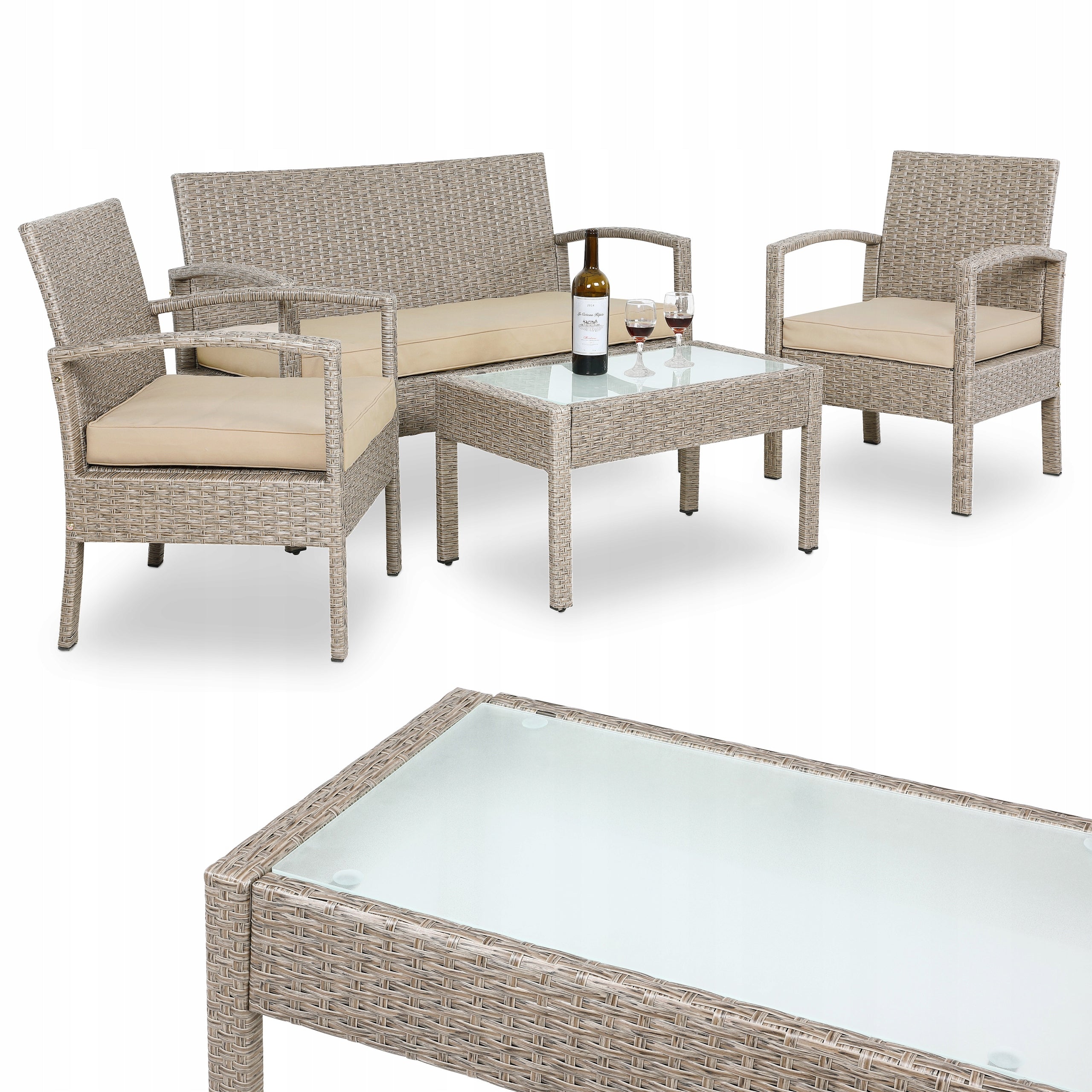 Garden furniture polyrattan 3x pillows 2x armchair bench table set beige EAN (GTIN) 4251779135783